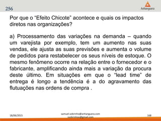18/06/2015
samuel.sobrinho@anhanguera.com
ssobrinhoo@gmail.com
168
256
Por que o “Efeito Chicote” acontece e quais os impactos
diretos nas organizações?
a) Processamento das variações na demanda – quando
um varejista por exemplo, tem um aumento nas suas
vendas, ele ajusta as suas previsões e aumenta o volume
de pedidos para restabelecer os seus níveis de estoque. O
mesmo fenômeno ocorre na relação entre o fornecedor e o
fabricante, amplificando ainda mais a variação da procura
deste último. Em situações em que o “lead time” de
entrega é longo a tendência é a do agravamento das
flutuações nas ordens de compra .
 
