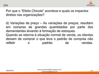 18/06/2015
samuel.sobrinho@anhanguera.com
ssobrinhoo@gmail.com
171
d) Variações de preço – As variações de preços, resultam
em compras de grandes quantidades por parte dos
demandantes levando à formação de estoques.
Quando se retorna à situação normal de venda, os clientes
deixam de comprar o que leva o padrão de compras não
refletir o padrão de vendas.
Por que o “Efeito Chicote” acontece e quais os impactos
diretos nas organizações?
256
 