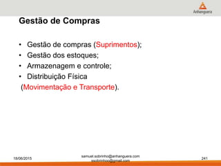 • Gestão de compras (Suprimentos);
• Gestão dos estoques;
• Armazenagem e controle;
• Distribuição Física
(Movimentação e Transporte).
Gestão de Compras
18/06/2015
samuel.sobrinho@anhanguera.com
ssobrinhoo@gmail.com
241
 