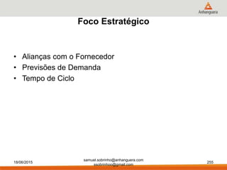 Foco Estratégico
• Alianças com o Fornecedor
• Previsões de Demanda
• Tempo de Ciclo
18/06/2015
samuel.sobrinho@anhanguera.com
ssobrinhoo@gmail.com
255
 