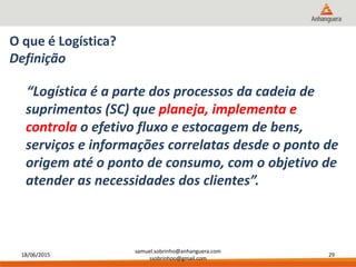 18/06/2015
samuel.sobrinho@anhanguera.com
ssobrinhoo@gmail.com
29
O que é Logística?
Definição
“Logística é a parte dos processos da cadeia de
suprimentos (SC) que planeja, implementa e
controla o efetivo fluxo e estocagem de bens,
serviços e informações correlatas desde o ponto de
origem até o ponto de consumo, com o objetivo de
atender as necessidades dos clientes”.
 