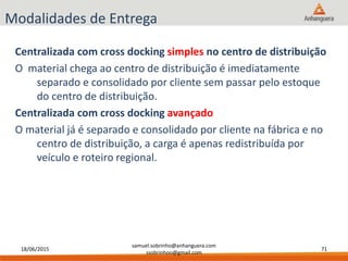 18/06/2015
samuel.sobrinho@anhanguera.com
ssobrinhoo@gmail.com
71
Modalidades de Entrega
Centralizada com cross docking simples no centro de distribuição
O material chega ao centro de distribuição é imediatamente
separado e consolidado por cliente sem passar pelo estoque
do centro de distribuição.
Centralizada com cross docking avançado
O material já é separado e consolidado por cliente na fábrica e no
centro de distribuição, a carga é apenas redistribuída por
veículo e roteiro regional.
 
