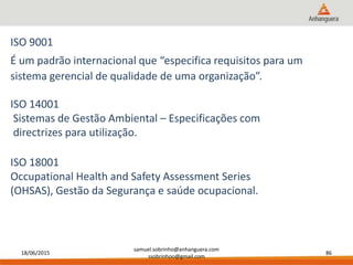 18/06/2015
samuel.sobrinho@anhanguera.com
ssobrinhoo@gmail.com
86
ISO 9001
É um padrão internacional que “especifica requisitos para um
sistema gerencial de qualidade de uma organização”.
ISO 14001
Sistemas de Gestão Ambiental – Especificações com
directrizes para utilização.
ISO 18001
Occupational Health and Safety Assessment Series
(OHSAS), Gestão da Segurança e saúde ocupacional.
 