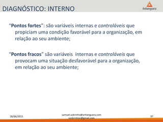 18/06/2015
samuel.sobrinho@anhanguera.com
ssobrinhoo@gmail.com
97
DIAGNÓSTICO: INTERNO
“Pontos fortes”: são variáveis internas e controláveis que
propiciam uma condição favorável para a organização, em
relação ao seu ambiente;
“Pontos fracos” são variáveis internas e controláveis que
provocam uma situação desfavorável para a organização,
em relação ao seu ambiente;
 