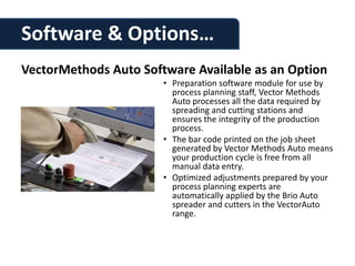 Software & Options…
VectorMethods Auto Software Available as an Option
                       • Preparation software module for use by
                         process planning staff, Vector Methods
                         Auto processes all the data required by
                         spreading and cutting stations and
                         ensures the integrity of the production
                         process.
                       • The bar code printed on the job sheet
                         generated by Vector Methods Auto means
                         your production cycle is free from all
                         manual data entry.
                       • Optimized adjustments prepared by your
                         process planning experts are
                         automatically applied by the Brio Auto
                         spreader and cutters in the VectorAuto
                         range.
 