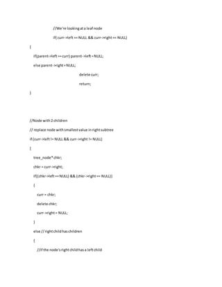 //We're lookingata leaf node
if( curr->left== NULL && curr->right== NULL)
{
if(parent->left==curr) parent->left=NULL;
else parent->right=NULL;
delete curr;
return;
}
//Node with2 children
// replace node withsmallestvalue inrightsubtree
if (curr->left!= NULL && curr->right != NULL)
{
tree_node*chkr;
chkr = curr->right;
if((chkr->left==NULL) && (chkr->right== NULL))
{
curr = chkr;
delete chkr;
curr->right= NULL;
}
else //rightchildhaschildren
{
//if the node'srightchildhasa leftchild
 