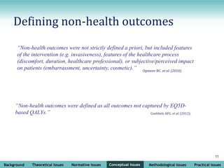 Background Theoretical issues Normative issues Conceptual issues Methodological issues Practical issues
11
Defining non-health outcomes
Conceptual issues
“Non-health outcomes were not strictly defined a priori, but included features
of the intervention (e.g. invasiveness), features of the healthcare process
(discomfort, duration, healthcare professional), or subjective/perceived impact
on patients (embarrassment, uncertainty, cosmetic).” Opmeer BC. et al. (2010).
Goebbels AFG. et al. (2012).
“Non-health outcomes were defined as all outcomes not captured by EQ5D-
based QALYs.”
 