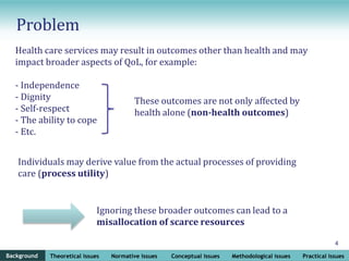 Background Theoretical issues Normative issues Conceptual issues Methodological issues Practical issues
4
Health care services may result in outcomes other than health and may
impact broader aspects of QoL, for example:
- Independence
- Dignity
- Self-respect
- The ability to cope
- Etc.
These outcomes are not only affected by
health alone (non-health outcomes)
Individuals may derive value from the actual processes of providing
care (process utility)
Problem
Background
Ignoring these broader outcomes can lead to a
misallocation of scarce resources
 