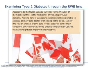 Examining Type 2 Diabetes through the RWE lens
1 1.OECD Health Statistics 2014 : How does Canada compare? Available at: http://www.oecd.org/els/health-systems/Briefing-Note-CANADA-2014.pdf. Accessed 6 October, 2014
2 Statistics Canada, Community Health Survey 2012. Available at http://www.statcan.gc.ca/pub/82-625-x/2013001/article/11832-eng.htm. Accessed 6 October, 2014
 