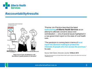 3
“Premier Jim Prentice described the latest
restructuring of Alberta Health Services as an
attempt to alleviate concerns about over-
centralization — one of several issues highlighted in
a new government report on the state of rural health
care.
“The pendulum is coming back in terms of local
input into decision-making to protect the
interests of people who live across the province,”
he said.
Source: Keith Gerein, Edmonton Journal, 19 March 2015
http://www.edmontonjournal.com/Latest+Alberta+health+system+overhaul+aims+allow+more+local+input
/10899836/story.html
#accountabilty4results
ROI
 