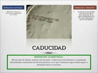 Definición universal                                                               Definición “Derecho”
       Pérdida de vigencia o                                                            Extinción de una facultad
      validez por cumplimiento                                                             o de una acción por el
             de un plazo                                                                   mero transcurso de un
                                                                                          plazo configurado por la
                                                                                           ley como carga para el
                                                                                            ejercicio de aquellas




                                     CADUCIDAD
                                         DEFINICIÓN ALIMENTICIA:
               El intervalo de tiempo, después del envasado o elaboración del alimento y cumpliendo
             determinadas condiciones de almacenamiento, en el que el alimento sigue siendo seguro y
                                            apropiado para su consumo.
 