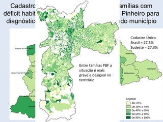 Cadastro Único RMSP: proporção de famílias com
déficit habitacional (índice fundação João Pinheiro para
diagnóstico de oferta do PMCMV) segundo município
Cadastro Único
Brasil = 27,5%
Sudeste = 27,3%
Entre famílias PBF a
situação é mais
grave e desigual no
território
 