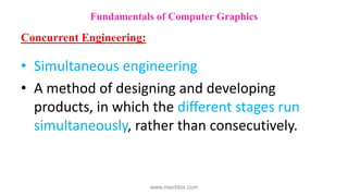 • Simultaneous engineering
• A method of designing and developing
products, in which the different stages run
simultaneously, rather than consecutively.
Fundamentals of Computer Graphics
Concurrent Engineering:
www.mechbix.com
 