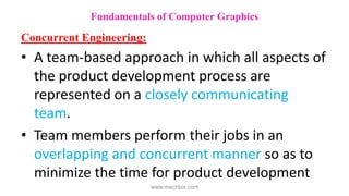 • A team-based approach in which all aspects of
the product development process are
represented on a closely communicating
team.
• Team members perform their jobs in an
overlapping and concurrent manner so as to
minimize the time for product development
Fundamentals of Computer Graphics
Concurrent Engineering:
www.mechbix.com
 