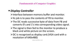  Display Controller
Interface between memory buffer and monitor.
Its job is to pass the contents of FB to monitor.
The DC reads successive byte of data from FB and
converts 0’s and 1’s into corresponding video signal.
The signal is then fed to the monitor to produce a
black and white picture on the screen.
DC is recognised as display card.(VGA card with a
resolution of 640x480)
Fundamentals of Computer Graphics
www.mechbix.com
 
