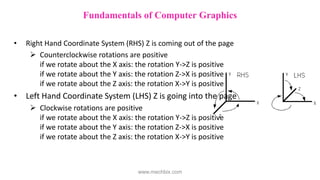 • Right Hand Coordinate System (RHS) Z is coming out of the page
 Counterclockwise rotations are positive
if we rotate about the X axis: the rotation Y->Z is positive
if we rotate about the Y axis: the rotation Z->X is positive
if we rotate about the Z axis: the rotation X->Y is positive
• Left Hand Coordinate System (LHS) Z is going into the page
 Clockwise rotations are positive
if we rotate about the X axis: the rotation Y->Z is positive
if we rotate about the Y axis: the rotation Z->X is positive
if we rotate about the Z axis: the rotation X->Y is positive
Fundamentals of Computer Graphics
www.mechbix.com
 