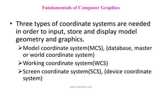 • Three types of coordinate systems are needed
in order to input, store and display model
geometry and graphics.
Model coordinate system(MCS), (database, master
or world coordinate system)
Working coordinate system(WCS)
Screen coordinate system(SCS), (device coordinate
system)
Fundamentals of Computer Graphics
www.mechbix.com
 