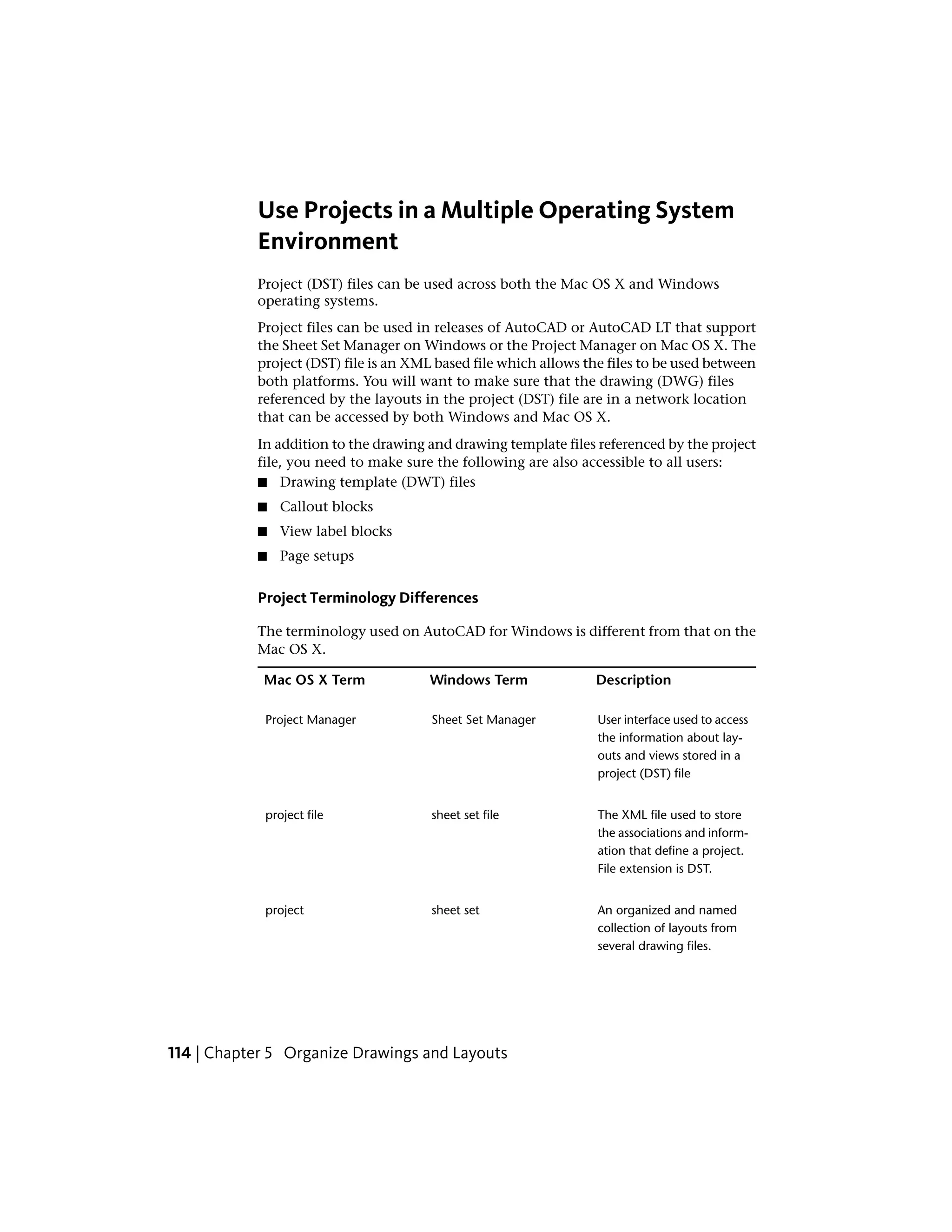 Use Projects in a Multiple Operating System
Environment
Project (DST) files can be used across both the Mac OS X and Windows
operating systems.
Project files can be used in releases of AutoCAD or AutoCAD LT that support
the Sheet Set Manager on Windows or the Project Manager on Mac OS X. The
project (DST) file is an XML based file which allows the files to be used between
both platforms. You will want to make sure that the drawing (DWG) files
referenced by the layouts in the project (DST) file are in a network location
that can be accessed by both Windows and Mac OS X.
In addition to the drawing and drawing template files referenced by the project
file, you need to make sure the following are also accessible to all users:
■ Drawing template (DWT) files
■ Callout blocks
■ View label blocks
■ Page setups
Project Terminology Differences
The terminology used on AutoCAD for Windows is different from that on the
Mac OS X.
DescriptionWindows TermMac OS X Term
User interface used to access
the information about lay-
Sheet Set ManagerProject Manager
outs and views stored in a
project (DST) file
The XML file used to store
the associations and inform-
sheet set fileproject file
ation that define a project.
File extension is DST.
An organized and named
collection of layouts from
several drawing files.
sheet setproject
114 | Chapter 5 Organize Drawings and Layouts
 