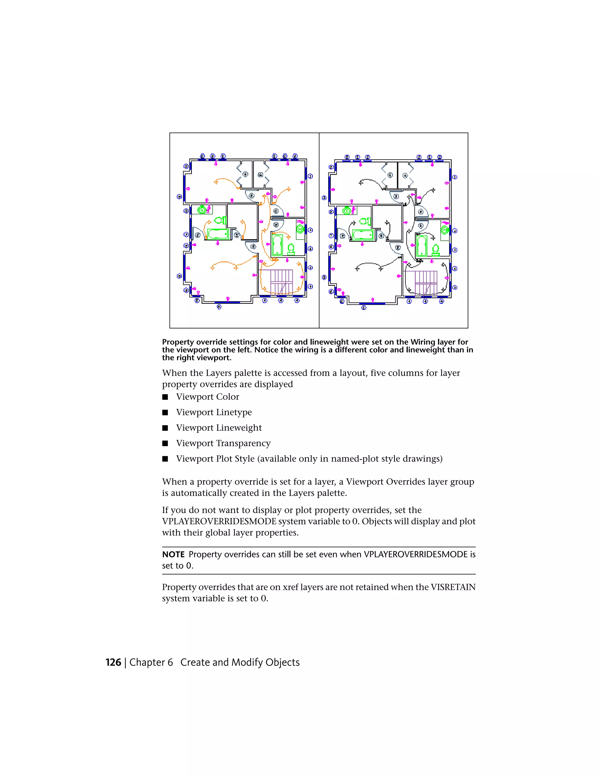 Property override settings for color and lineweight were set on the Wiring layer for
the viewport on the left. Notice the wiring is a different color and lineweight than in
the right viewport.
When the Layers palette is accessed from a layout, five columns for layer
property overrides are displayed
■ Viewport Color
■ Viewport Linetype
■ Viewport Lineweight
■ Viewport Transparency
■ Viewport Plot Style (available only in named-plot style drawings)
When a property override is set for a layer, a Viewport Overrides layer group
is automatically created in the Layers palette.
If you do not want to display or plot property overrides, set the
VPLAYEROVERRIDESMODE system variable to 0. Objects will display and plot
with their global layer properties.
NOTE Property overrides can still be set even when VPLAYEROVERRIDESMODE is
set to 0.
Property overrides that are on xref layers are not retained when the VISRETAIN
system variable is set to 0.
126 | Chapter 6 Create and Modify Objects
 