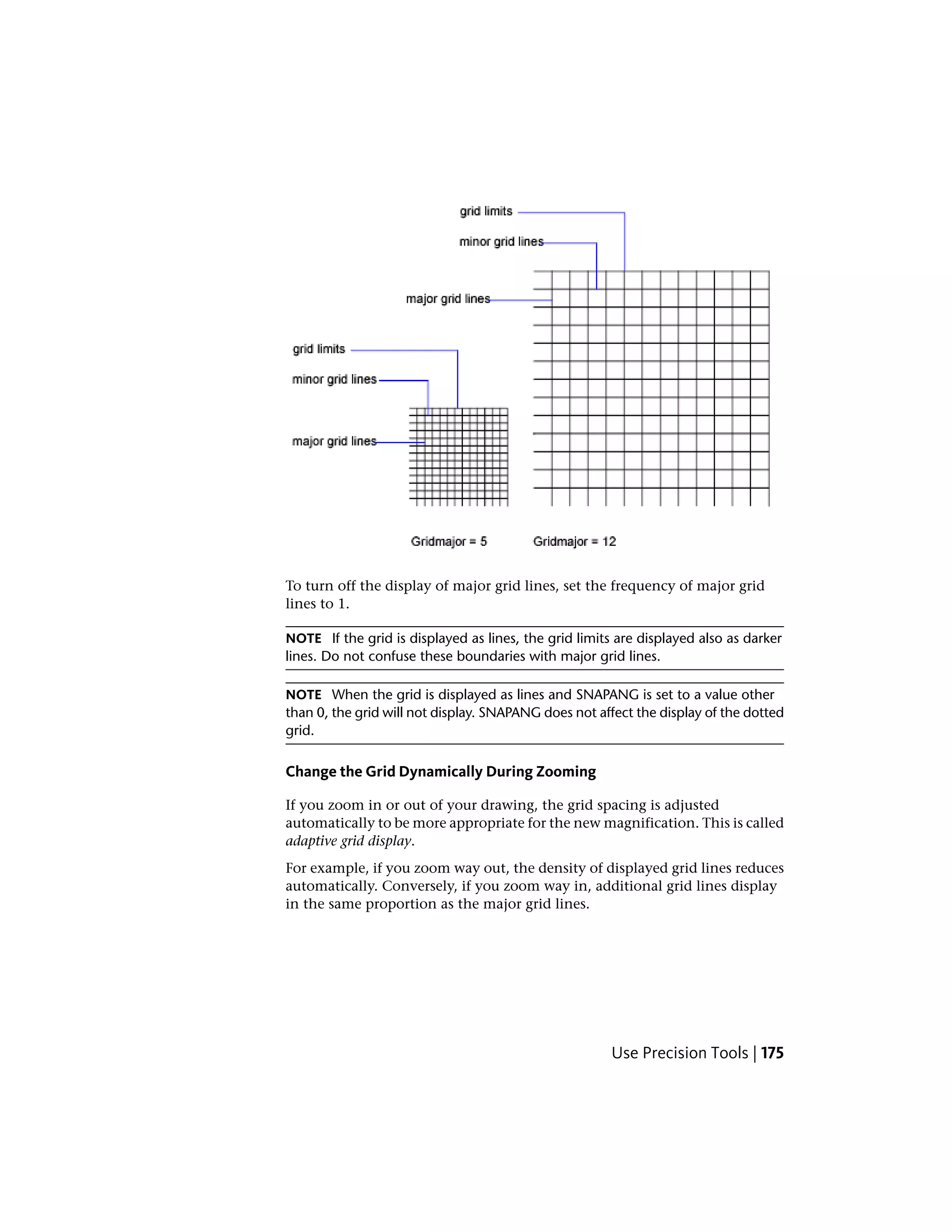 To turn off the display of major grid lines, set the frequency of major grid
lines to 1.
NOTE If the grid is displayed as lines, the grid limits are displayed also as darker
lines. Do not confuse these boundaries with major grid lines.
NOTE When the grid is displayed as lines and SNAPANG is set to a value other
than 0, the grid will not display. SNAPANG does not affect the display of the dotted
grid.
Change the Grid Dynamically During Zooming
If you zoom in or out of your drawing, the grid spacing is adjusted
automatically to be more appropriate for the new magnification. This is called
adaptive grid display.
For example, if you zoom way out, the density of displayed grid lines reduces
automatically. Conversely, if you zoom way in, additional grid lines display
in the same proportion as the major grid lines.
Use Precision Tools | 175
 