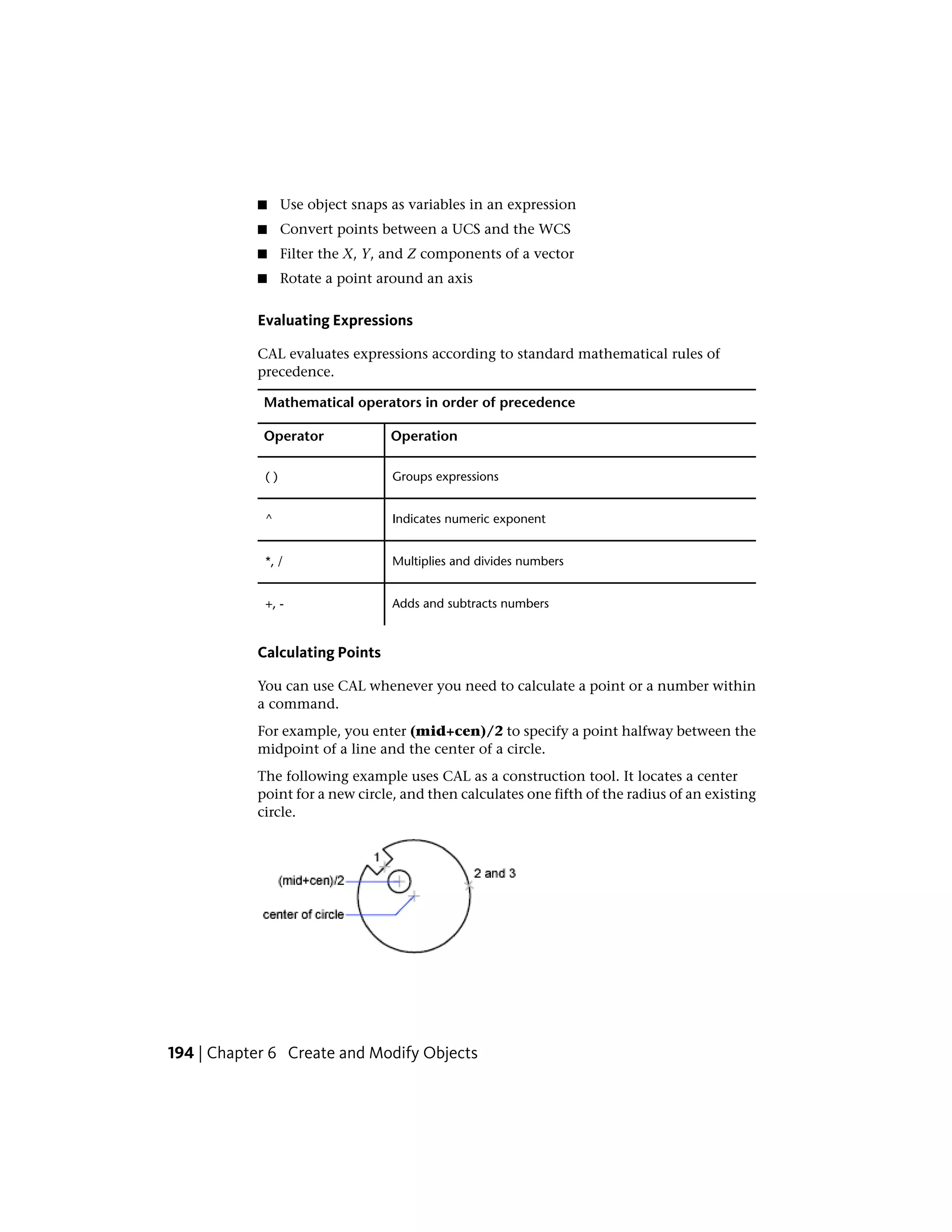 ■ Use object snaps as variables in an expression
■ Convert points between a UCS and the WCS
■ Filter the X, Y, and Z components of a vector
■ Rotate a point around an axis
Evaluating Expressions
CAL evaluates expressions according to standard mathematical rules of
precedence.
Mathematical operators in order of precedence
OperationOperator
Groups expressions( )
Indicates numeric exponent^
Multiplies and divides numbers*, /
Adds and subtracts numbers+, -
Calculating Points
You can use CAL whenever you need to calculate a point or a number within
a command.
For example, you enter (mid+cen)/2 to specify a point halfway between the
midpoint of a line and the center of a circle.
The following example uses CAL as a construction tool. It locates a center
point for a new circle, and then calculates one fifth of the radius of an existing
circle.
194 | Chapter 6 Create and Modify Objects
 