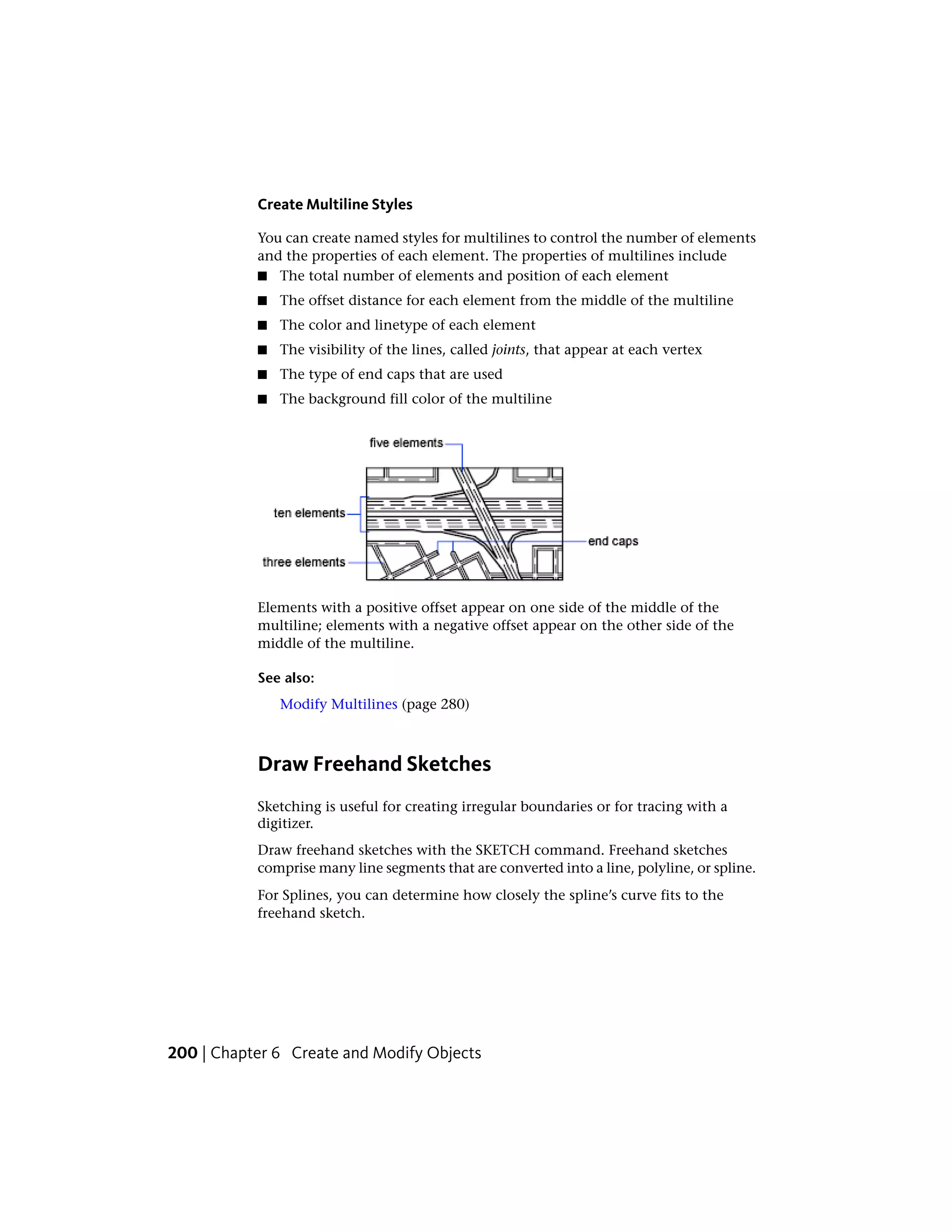 Create Multiline Styles
You can create named styles for multilines to control the number of elements
and the properties of each element. The properties of multilines include
■ The total number of elements and position of each element
■ The offset distance for each element from the middle of the multiline
■ The color and linetype of each element
■ The visibility of the lines, called joints, that appear at each vertex
■ The type of end caps that are used
■ The background fill color of the multiline
Elements with a positive offset appear on one side of the middle of the
multiline; elements with a negative offset appear on the other side of the
middle of the multiline.
See also:
Modify Multilines (page 280)
Draw Freehand Sketches
Sketching is useful for creating irregular boundaries or for tracing with a
digitizer.
Draw freehand sketches with the SKETCH command. Freehand sketches
comprise many line segments that are converted into a line, polyline, or spline.
For Splines, you can determine how closely the spline’s curve fits to the
freehand sketch.
200 | Chapter 6 Create and Modify Objects
 