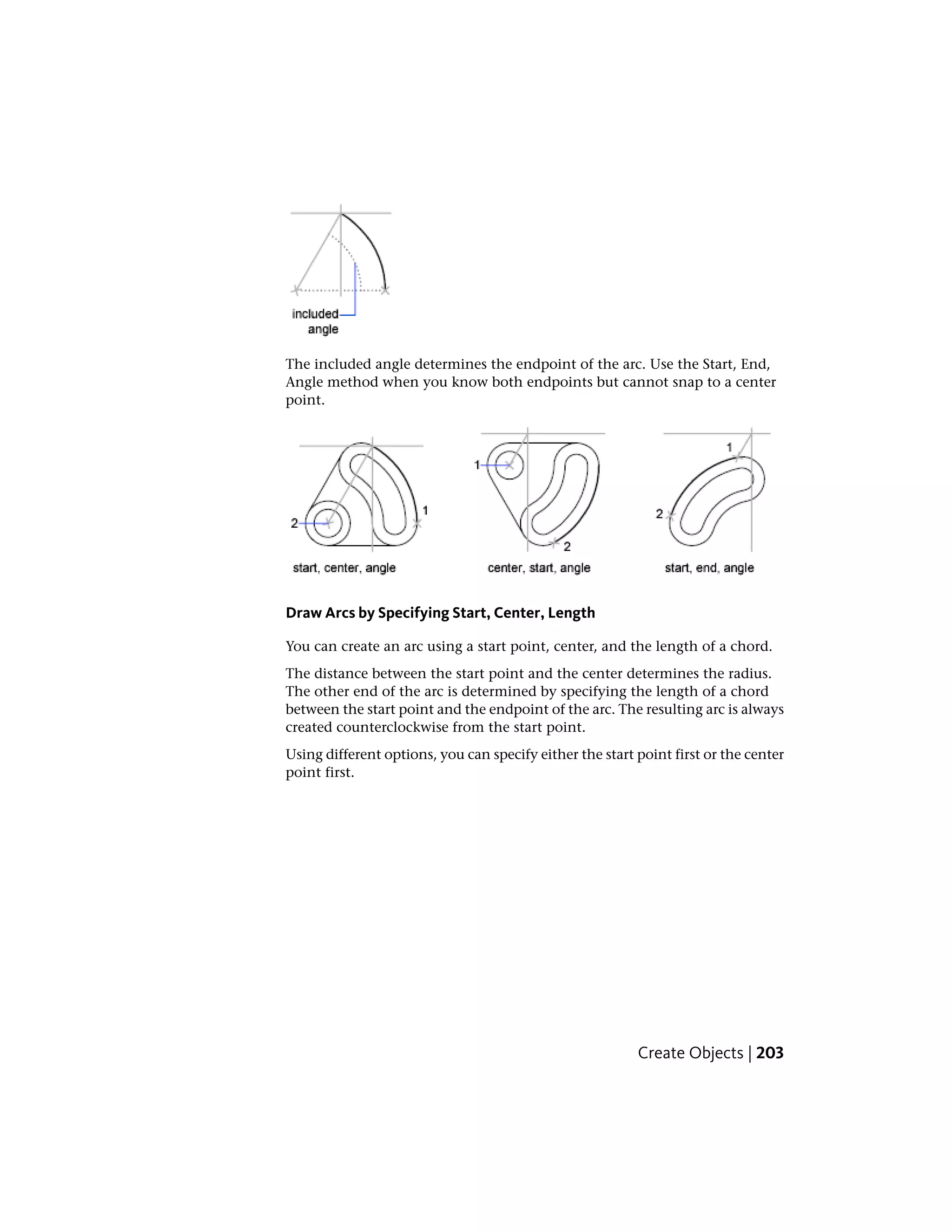 The included angle determines the endpoint of the arc. Use the Start, End,
Angle method when you know both endpoints but cannot snap to a center
point.
Draw Arcs by Specifying Start, Center, Length
You can create an arc using a start point, center, and the length of a chord.
The distance between the start point and the center determines the radius.
The other end of the arc is determined by specifying the length of a chord
between the start point and the endpoint of the arc. The resulting arc is always
created counterclockwise from the start point.
Using different options, you can specify either the start point first or the center
point first.
Create Objects | 203
 
