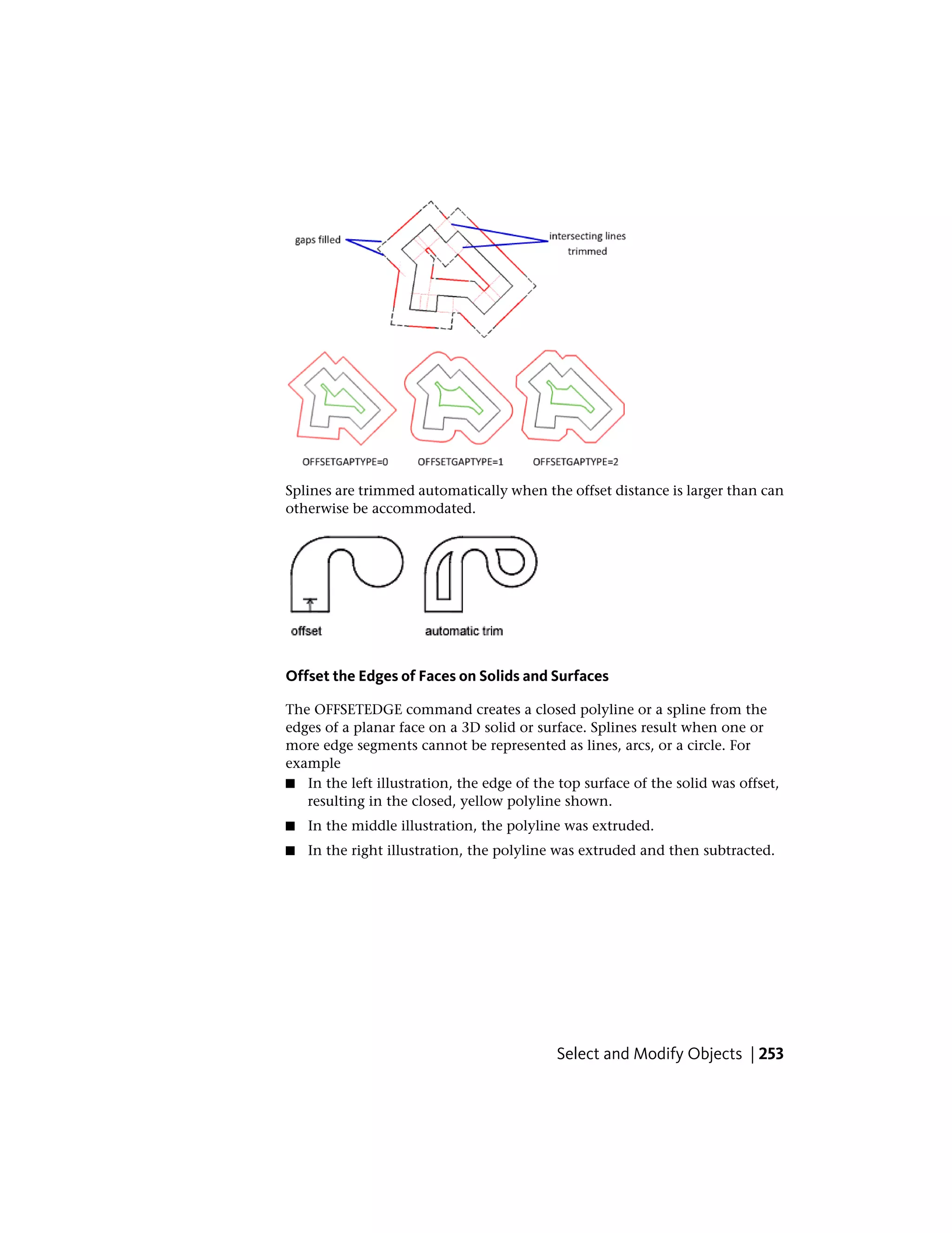 Splines are trimmed automatically when the offset distance is larger than can
otherwise be accommodated.
Offset the Edges of Faces on Solids and Surfaces
The OFFSETEDGE command creates a closed polyline or a spline from the
edges of a planar face on a 3D solid or surface. Splines result when one or
more edge segments cannot be represented as lines, arcs, or a circle. For
example
■ In the left illustration, the edge of the top surface of the solid was offset,
resulting in the closed, yellow polyline shown.
■ In the middle illustration, the polyline was extruded.
■ In the right illustration, the polyline was extruded and then subtracted.
Select and Modify Objects | 253
 
