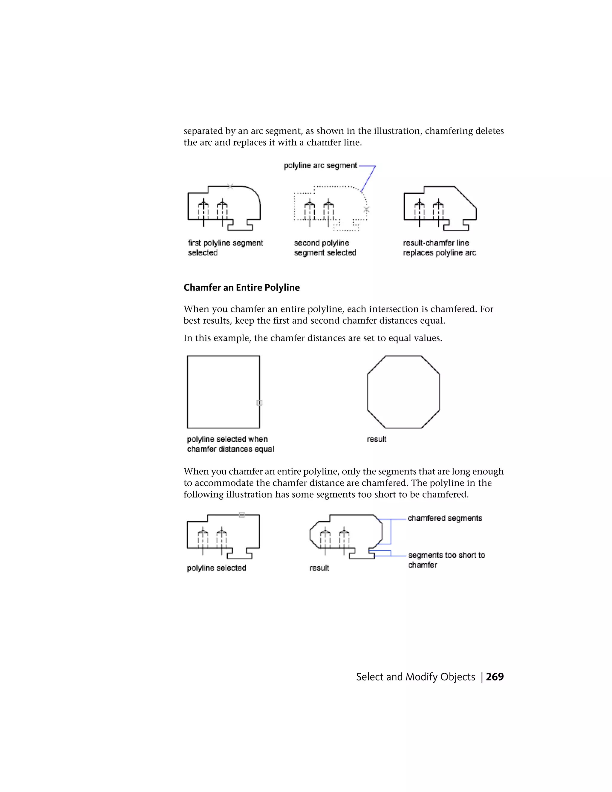separated by an arc segment, as shown in the illustration, chamfering deletes
the arc and replaces it with a chamfer line.
Chamfer an Entire Polyline
When you chamfer an entire polyline, each intersection is chamfered. For
best results, keep the first and second chamfer distances equal.
In this example, the chamfer distances are set to equal values.
When you chamfer an entire polyline, only the segments that are long enough
to accommodate the chamfer distance are chamfered. The polyline in the
following illustration has some segments too short to be chamfered.
Select and Modify Objects | 269
 