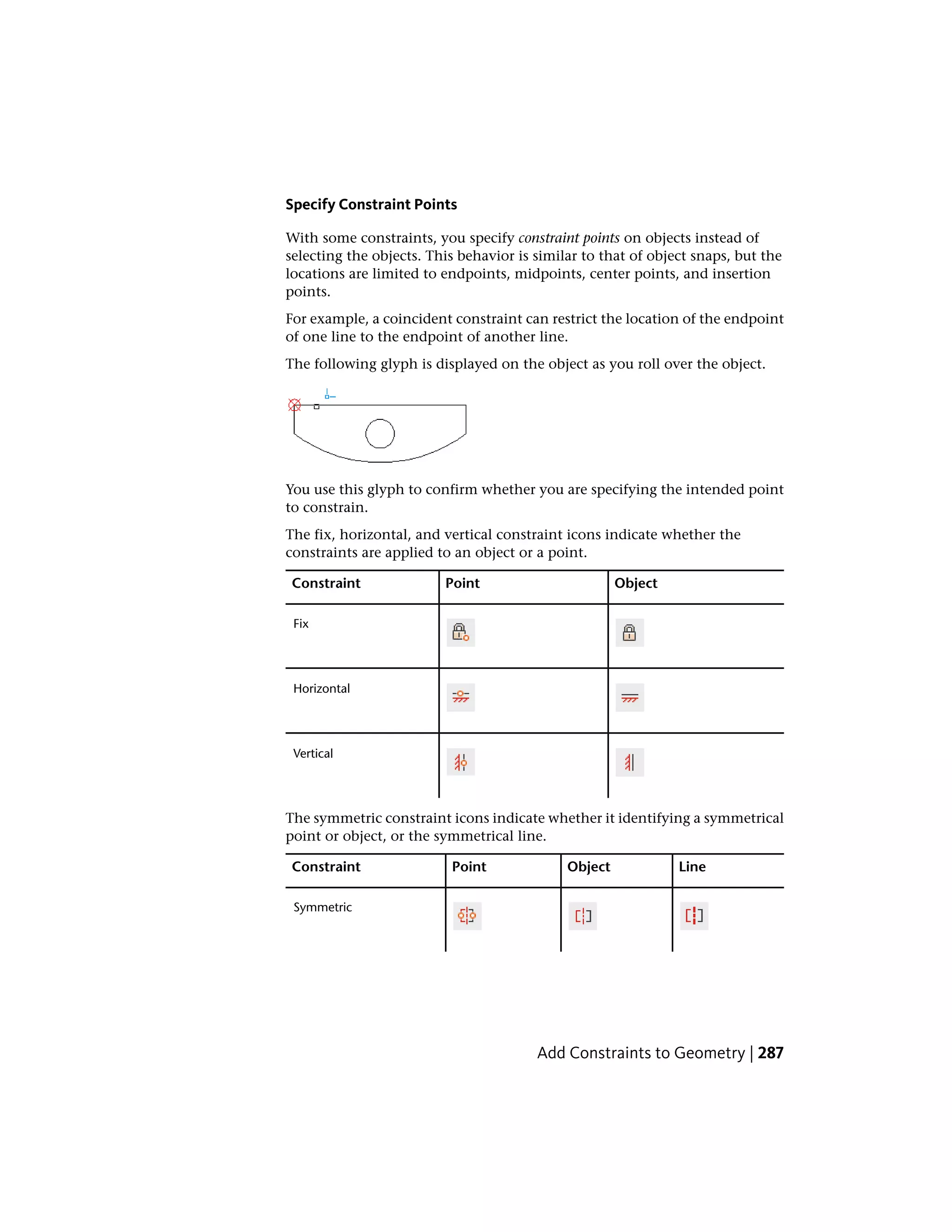 Specify Constraint Points
With some constraints, you specify constraint points on objects instead of
selecting the objects. This behavior is similar to that of object snaps, but the
locations are limited to endpoints, midpoints, center points, and insertion
points.
For example, a coincident constraint can restrict the location of the endpoint
of one line to the endpoint of another line.
The following glyph is displayed on the object as you roll over the object.
You use this glyph to confirm whether you are specifying the intended point
to constrain.
The fix, horizontal, and vertical constraint icons indicate whether the
constraints are applied to an object or a point.
ObjectPointConstraint
Fix
Horizontal
Vertical
The symmetric constraint icons indicate whether it identifying a symmetrical
point or object, or the symmetrical line.
LineObjectPointConstraint
Symmetric
Add Constraints to Geometry | 287
 