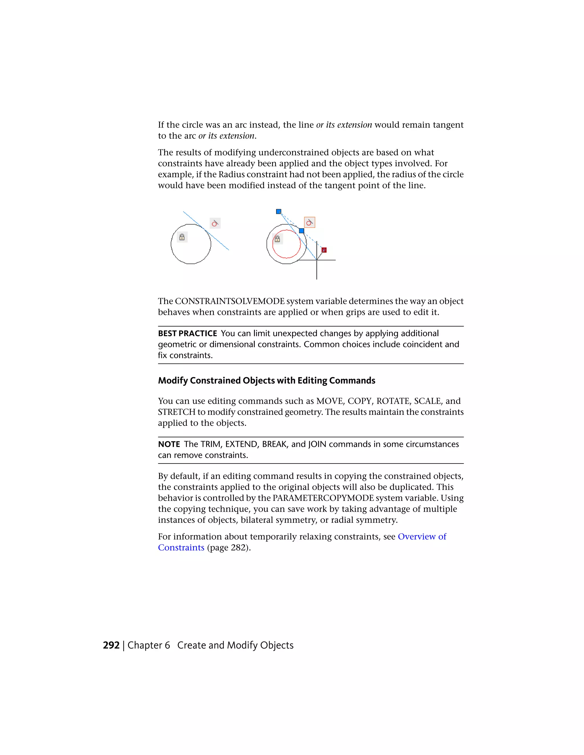 If the circle was an arc instead, the line or its extension would remain tangent
to the arc or its extension.
The results of modifying underconstrained objects are based on what
constraints have already been applied and the object types involved. For
example, if the Radius constraint had not been applied, the radius of the circle
would have been modified instead of the tangent point of the line.
The CONSTRAINTSOLVEMODE system variable determines the way an object
behaves when constraints are applied or when grips are used to edit it.
BEST PRACTICE You can limit unexpected changes by applying additional
geometric or dimensional constraints. Common choices include coincident and
fix constraints.
Modify Constrained Objects with Editing Commands
You can use editing commands such as MOVE, COPY, ROTATE, SCALE, and
STRETCH to modify constrained geometry. The results maintain the constraints
applied to the objects.
NOTE The TRIM, EXTEND, BREAK, and JOIN commands in some circumstances
can remove constraints.
By default, if an editing command results in copying the constrained objects,
the constraints applied to the original objects will also be duplicated. This
behavior is controlled by the PARAMETERCOPYMODE system variable. Using
the copying technique, you can save work by taking advantage of multiple
instances of objects, bilateral symmetry, or radial symmetry.
For information about temporarily relaxing constraints, see Overview of
Constraints (page 282).
292 | Chapter 6 Create and Modify Objects
 