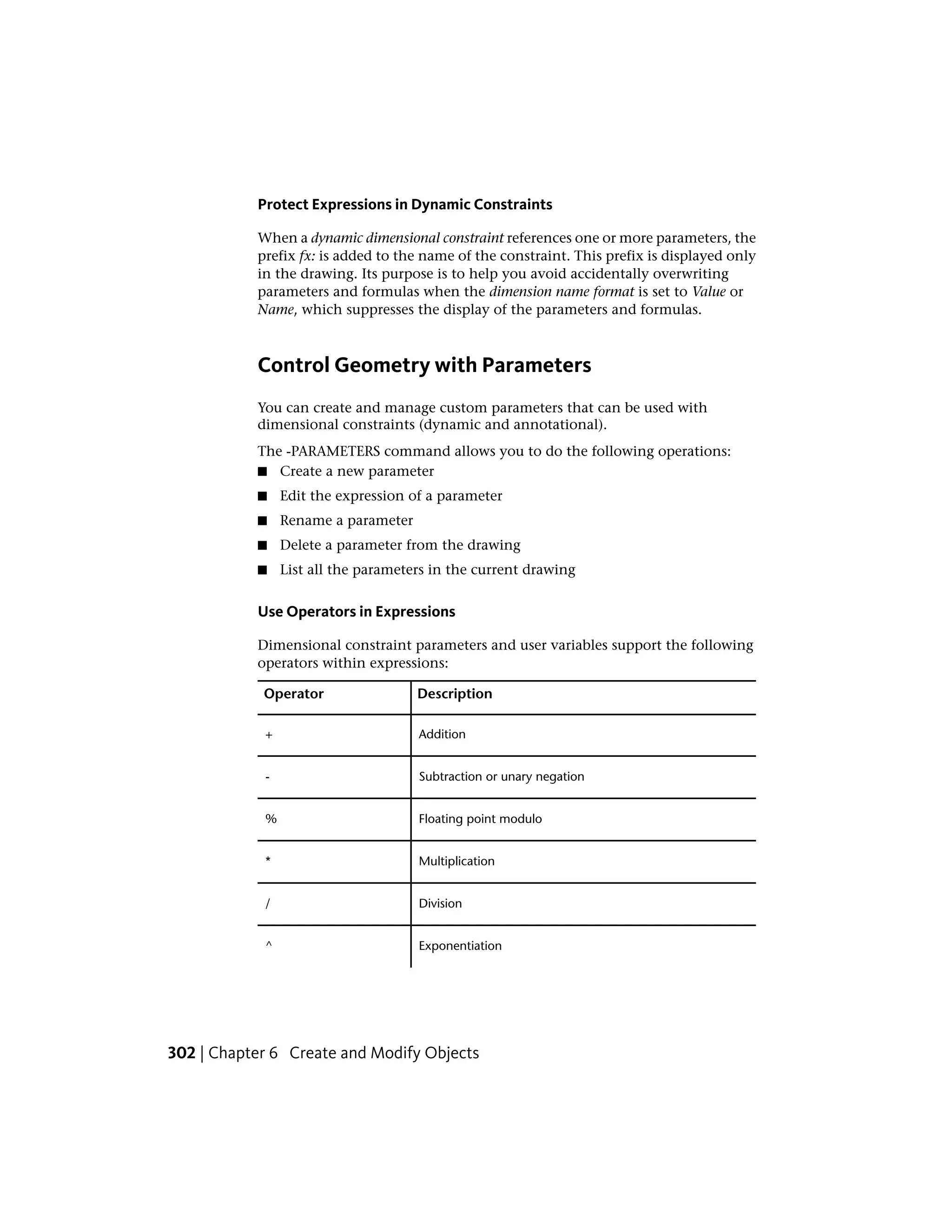 Protect Expressions in Dynamic Constraints
When a dynamic dimensional constraint references one or more parameters, the
prefix fx: is added to the name of the constraint. This prefix is displayed only
in the drawing. Its purpose is to help you avoid accidentally overwriting
parameters and formulas when the dimension name format is set to Value or
Name, which suppresses the display of the parameters and formulas.
Control Geometry with Parameters
You can create and manage custom parameters that can be used with
dimensional constraints (dynamic and annotational).
The -PARAMETERS command allows you to do the following operations:
■ Create a new parameter
■ Edit the expression of a parameter
■ Rename a parameter
■ Delete a parameter from the drawing
■ List all the parameters in the current drawing
Use Operators in Expressions
Dimensional constraint parameters and user variables support the following
operators within expressions:
DescriptionOperator
Addition+
Subtraction or unary negation-
Floating point modulo%
Multiplication*
Division/
Exponentiation^
302 | Chapter 6 Create and Modify Objects
 