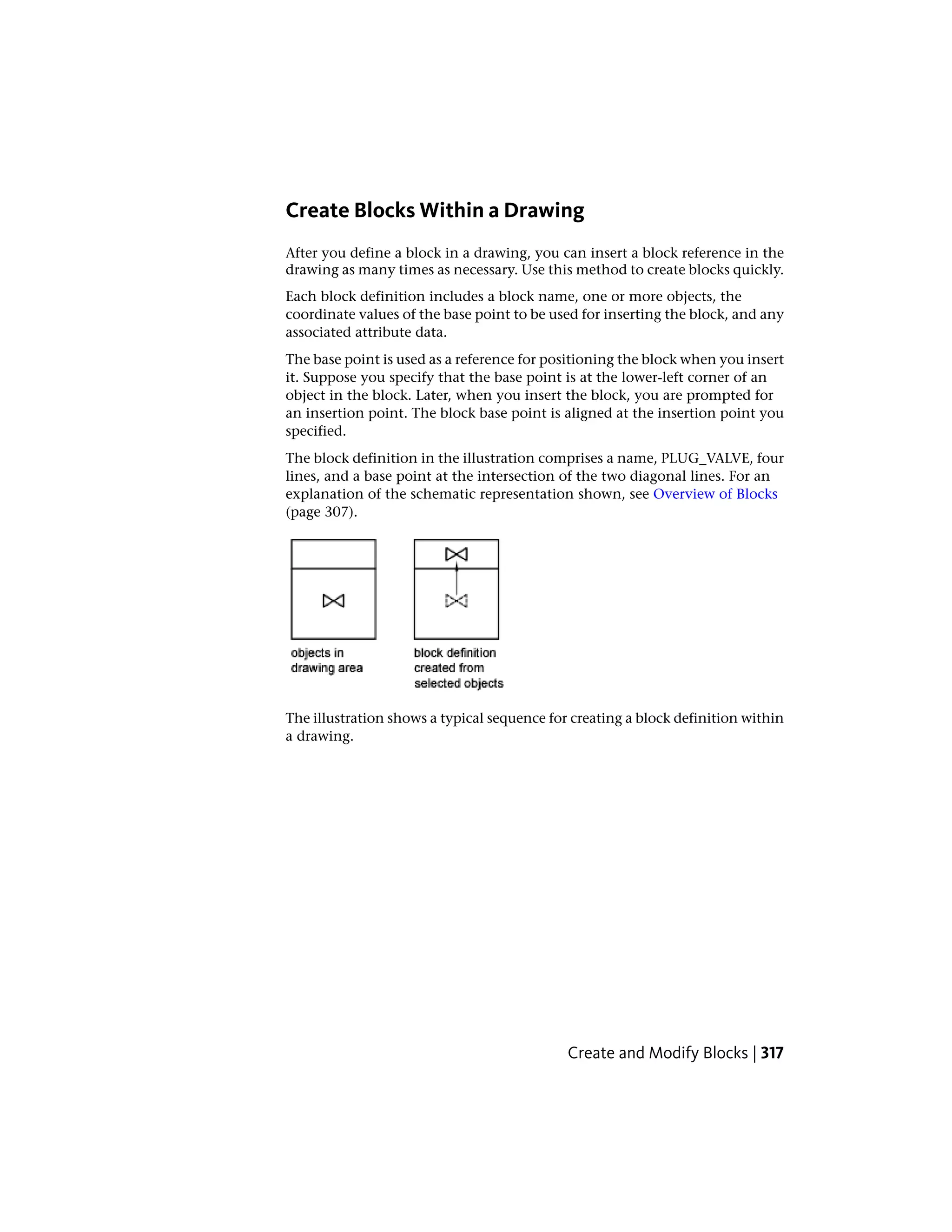 Create Blocks Within a Drawing
After you define a block in a drawing, you can insert a block reference in the
drawing as many times as necessary. Use this method to create blocks quickly.
Each block definition includes a block name, one or more objects, the
coordinate values of the base point to be used for inserting the block, and any
associated attribute data.
The base point is used as a reference for positioning the block when you insert
it. Suppose you specify that the base point is at the lower-left corner of an
object in the block. Later, when you insert the block, you are prompted for
an insertion point. The block base point is aligned at the insertion point you
specified.
The block definition in the illustration comprises a name, PLUG_VALVE, four
lines, and a base point at the intersection of the two diagonal lines. For an
explanation of the schematic representation shown, see Overview of Blocks
(page 307).
The illustration shows a typical sequence for creating a block definition within
a drawing.
Create and Modify Blocks | 317
 
