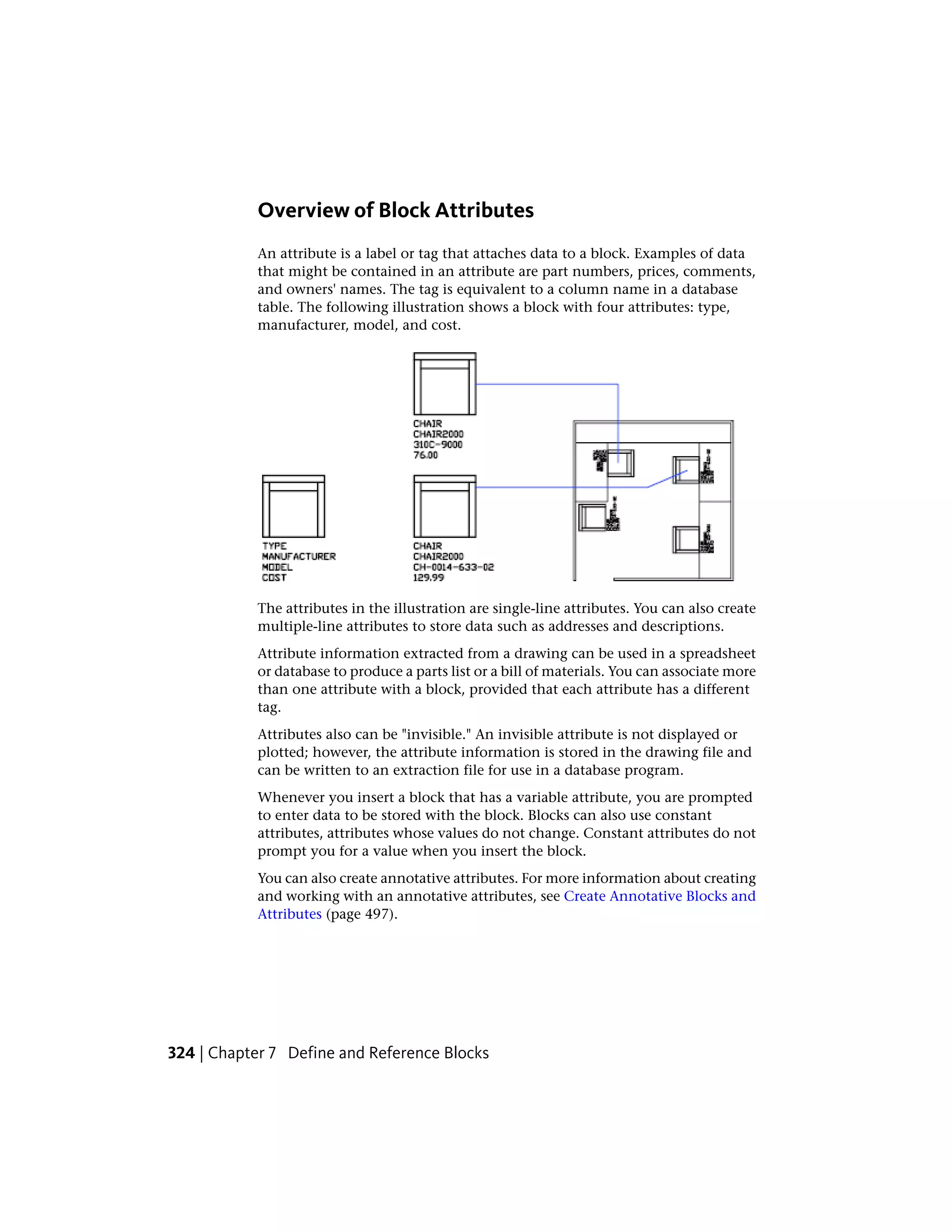 Overview of Block Attributes
An attribute is a label or tag that attaches data to a block. Examples of data
that might be contained in an attribute are part numbers, prices, comments,
and owners' names. The tag is equivalent to a column name in a database
table. The following illustration shows a block with four attributes: type,
manufacturer, model, and cost.
The attributes in the illustration are single-line attributes. You can also create
multiple-line attributes to store data such as addresses and descriptions.
Attribute information extracted from a drawing can be used in a spreadsheet
or database to produce a parts list or a bill of materials. You can associate more
than one attribute with a block, provided that each attribute has a different
tag.
Attributes also can be "invisible." An invisible attribute is not displayed or
plotted; however, the attribute information is stored in the drawing file and
can be written to an extraction file for use in a database program.
Whenever you insert a block that has a variable attribute, you are prompted
to enter data to be stored with the block. Blocks can also use constant
attributes, attributes whose values do not change. Constant attributes do not
prompt you for a value when you insert the block.
You can also create annotative attributes. For more information about creating
and working with an annotative attributes, see Create Annotative Blocks and
Attributes (page 497).
324 | Chapter 7 Define and Reference Blocks
 