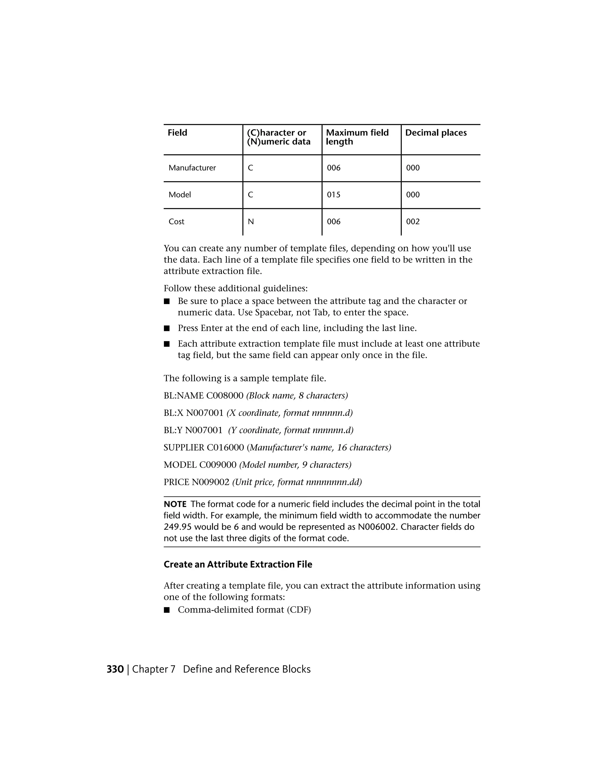 Decimal placesMaximum field
length
(C)haracter or
(N)umeric data
Field
000006CManufacturer
000015CModel
002006NCost
You can create any number of template files, depending on how you'll use
the data. Each line of a template file specifies one field to be written in the
attribute extraction file.
Follow these additional guidelines:
■ Be sure to place a space between the attribute tag and the character or
numeric data. Use Spacebar, not Tab, to enter the space.
■ Press Enter at the end of each line, including the last line.
■ Each attribute extraction template file must include at least one attribute
tag field, but the same field can appear only once in the file.
The following is a sample template file.
BL:NAME C008000 (Block name, 8 characters)
BL:X N007001 (X coordinate, format nnnnnn.d)
BL:Y N007001 (Y coordinate, format nnnnnn.d)
SUPPLIER C016000 (Manufacturer's name, 16 characters)
MODEL C009000 (Model number, 9 characters)
PRICE N009002 (Unit price, format nnnnnnnn.dd)
NOTE The format code for a numeric field includes the decimal point in the total
field width. For example, the minimum field width to accommodate the number
249.95 would be 6 and would be represented as N006002. Character fields do
not use the last three digits of the format code.
Create an Attribute Extraction File
After creating a template file, you can extract the attribute information using
one of the following formats:
■ Comma-delimited format (CDF)
330 | Chapter 7 Define and Reference Blocks
 