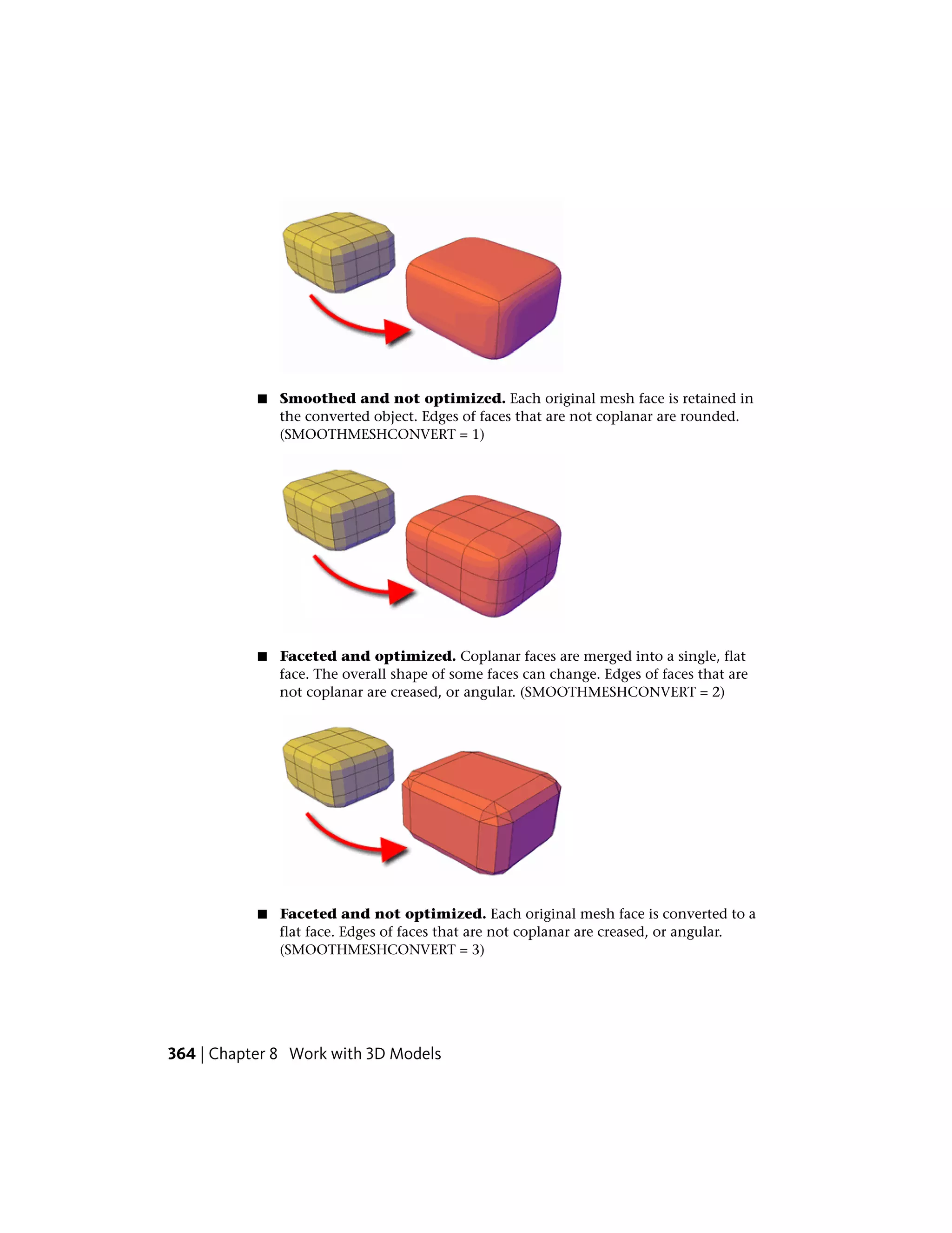 ■ Smoothed and not optimized. Each original mesh face is retained in
the converted object. Edges of faces that are not coplanar are rounded.
(SMOOTHMESHCONVERT = 1)
■ Faceted and optimized. Coplanar faces are merged into a single, flat
face. The overall shape of some faces can change. Edges of faces that are
not coplanar are creased, or angular. (SMOOTHMESHCONVERT = 2)
■ Faceted and not optimized. Each original mesh face is converted to a
flat face. Edges of faces that are not coplanar are creased, or angular.
(SMOOTHMESHCONVERT = 3)
364 | Chapter 8 Work with 3D Models
 
