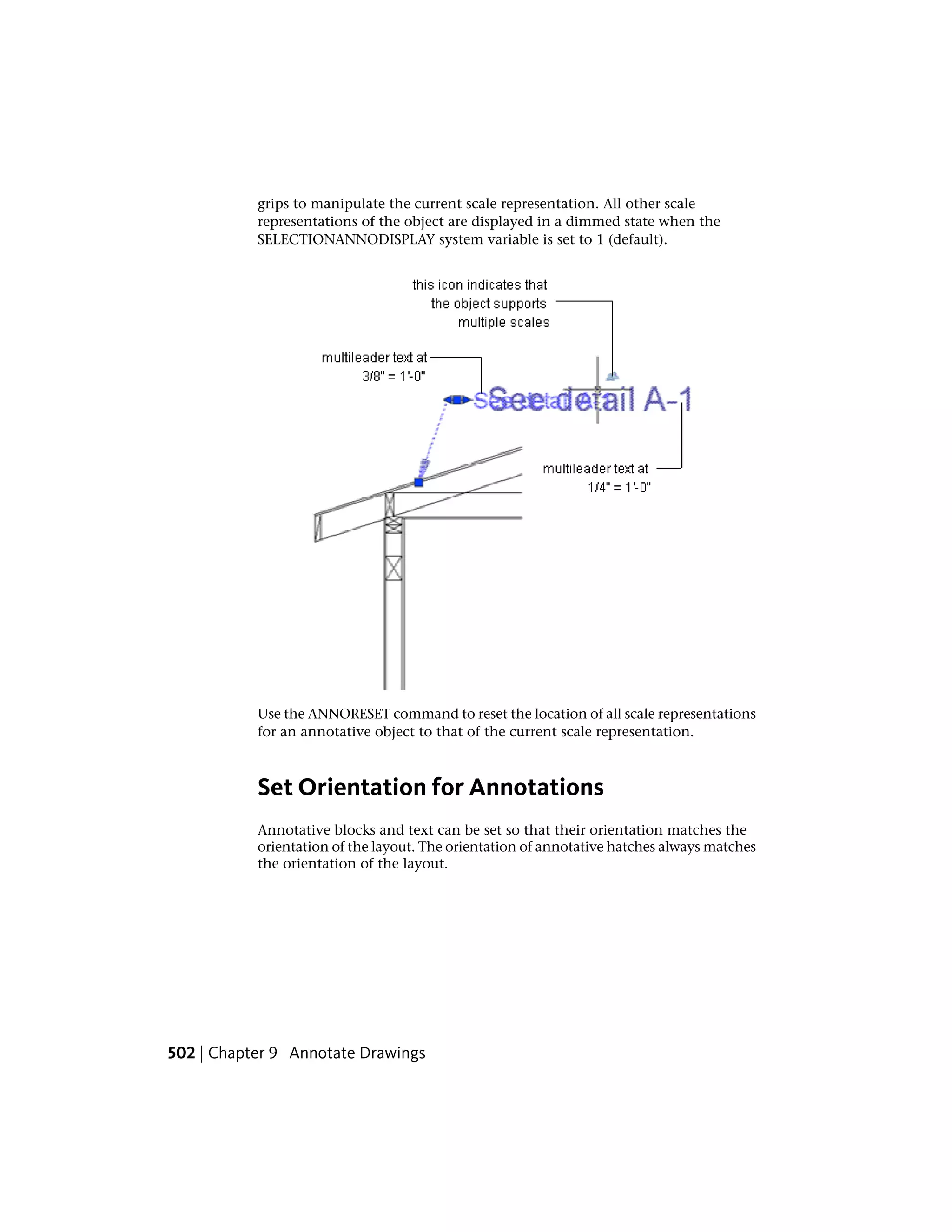 grips to manipulate the current scale representation. All other scale
representations of the object are displayed in a dimmed state when the
SELECTIONANNODISPLAY system variable is set to 1 (default).
Use the ANNORESET command to reset the location of all scale representations
for an annotative object to that of the current scale representation.
Set Orientation for Annotations
Annotative blocks and text can be set so that their orientation matches the
orientation of the layout. The orientation of annotative hatches always matches
the orientation of the layout.
502 | Chapter 9 Annotate Drawings
 