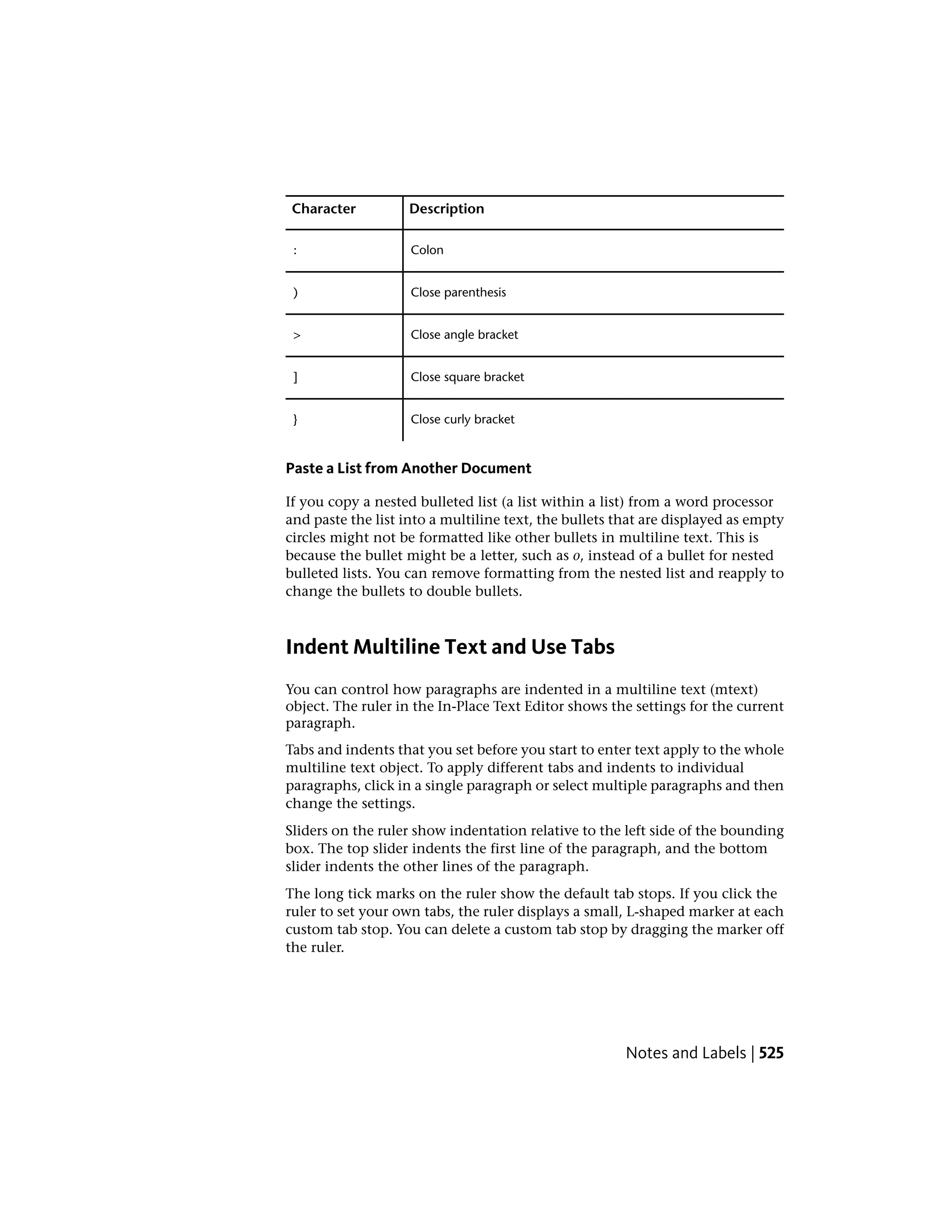 DescriptionCharacter
Colon:
Close parenthesis)
Close angle bracket>
Close square bracket]
Close curly bracket}
Paste a List from Another Document
If you copy a nested bulleted list (a list within a list) from a word processor
and paste the list into a multiline text, the bullets that are displayed as empty
circles might not be formatted like other bullets in multiline text. This is
because the bullet might be a letter, such as o, instead of a bullet for nested
bulleted lists. You can remove formatting from the nested list and reapply to
change the bullets to double bullets.
Indent Multiline Text and Use Tabs
You can control how paragraphs are indented in a multiline text (mtext)
object. The ruler in the In-Place Text Editor shows the settings for the current
paragraph.
Tabs and indents that you set before you start to enter text apply to the whole
multiline text object. To apply different tabs and indents to individual
paragraphs, click in a single paragraph or select multiple paragraphs and then
change the settings.
Sliders on the ruler show indentation relative to the left side of the bounding
box. The top slider indents the first line of the paragraph, and the bottom
slider indents the other lines of the paragraph.
The long tick marks on the ruler show the default tab stops. If you click the
ruler to set your own tabs, the ruler displays a small, L-shaped marker at each
custom tab stop. You can delete a custom tab stop by dragging the marker off
the ruler.
Notes and Labels | 525
 