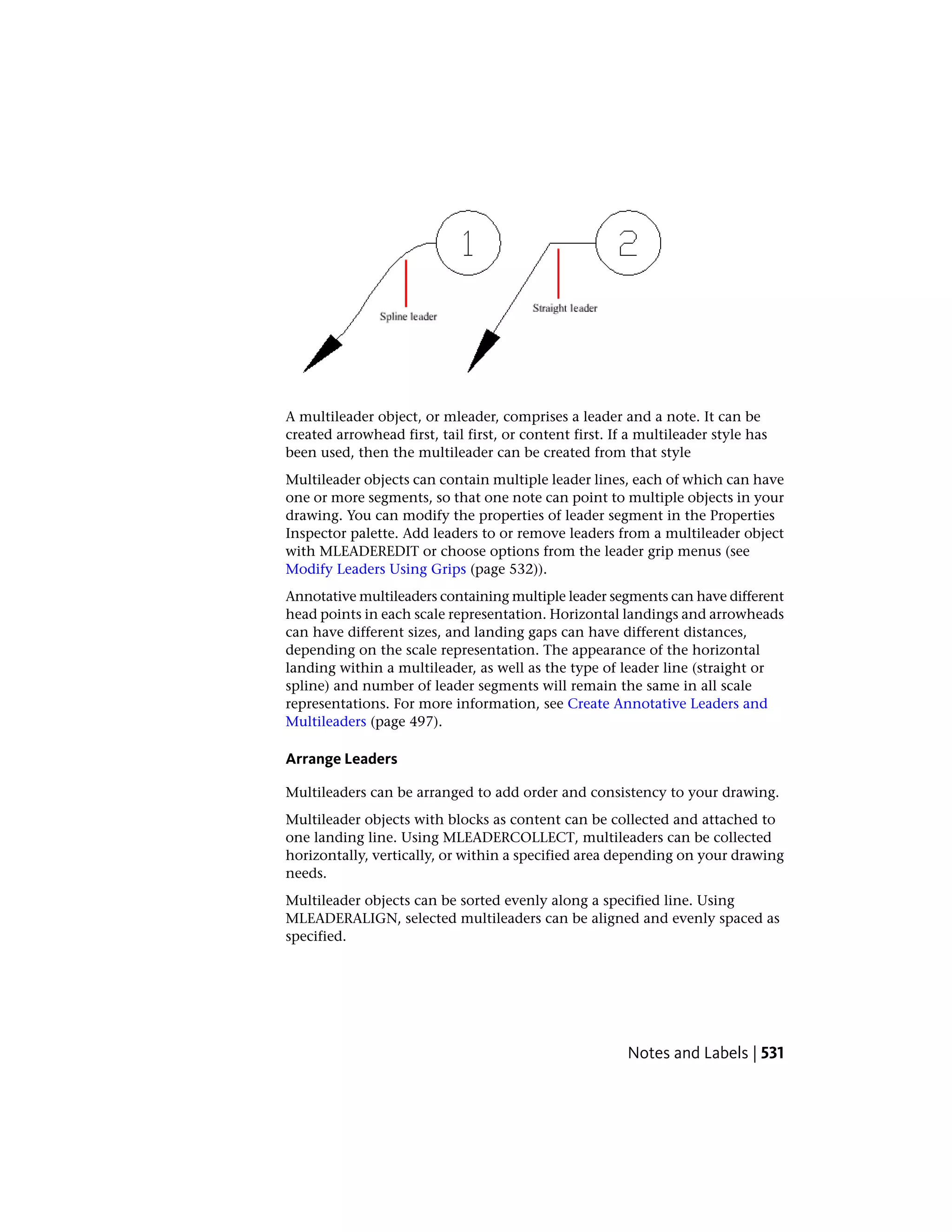 A multileader object, or mleader, comprises a leader and a note. It can be
created arrowhead first, tail first, or content first. If a multileader style has
been used, then the multileader can be created from that style
Multileader objects can contain multiple leader lines, each of which can have
one or more segments, so that one note can point to multiple objects in your
drawing. You can modify the properties of leader segment in the Properties
Inspector palette. Add leaders to or remove leaders from a multileader object
with MLEADEREDIT or choose options from the leader grip menus (see
Modify Leaders Using Grips (page 532)).
Annotative multileaders containing multiple leader segments can have different
head points in each scale representation. Horizontal landings and arrowheads
can have different sizes, and landing gaps can have different distances,
depending on the scale representation. The appearance of the horizontal
landing within a multileader, as well as the type of leader line (straight or
spline) and number of leader segments will remain the same in all scale
representations. For more information, see Create Annotative Leaders and
Multileaders (page 497).
Arrange Leaders
Multileaders can be arranged to add order and consistency to your drawing.
Multileader objects with blocks as content can be collected and attached to
one landing line. Using MLEADERCOLLECT, multileaders can be collected
horizontally, vertically, or within a specified area depending on your drawing
needs.
Multileader objects can be sorted evenly along a specified line. Using
MLEADERALIGN, selected multileaders can be aligned and evenly spaced as
specified.
Notes and Labels | 531
 