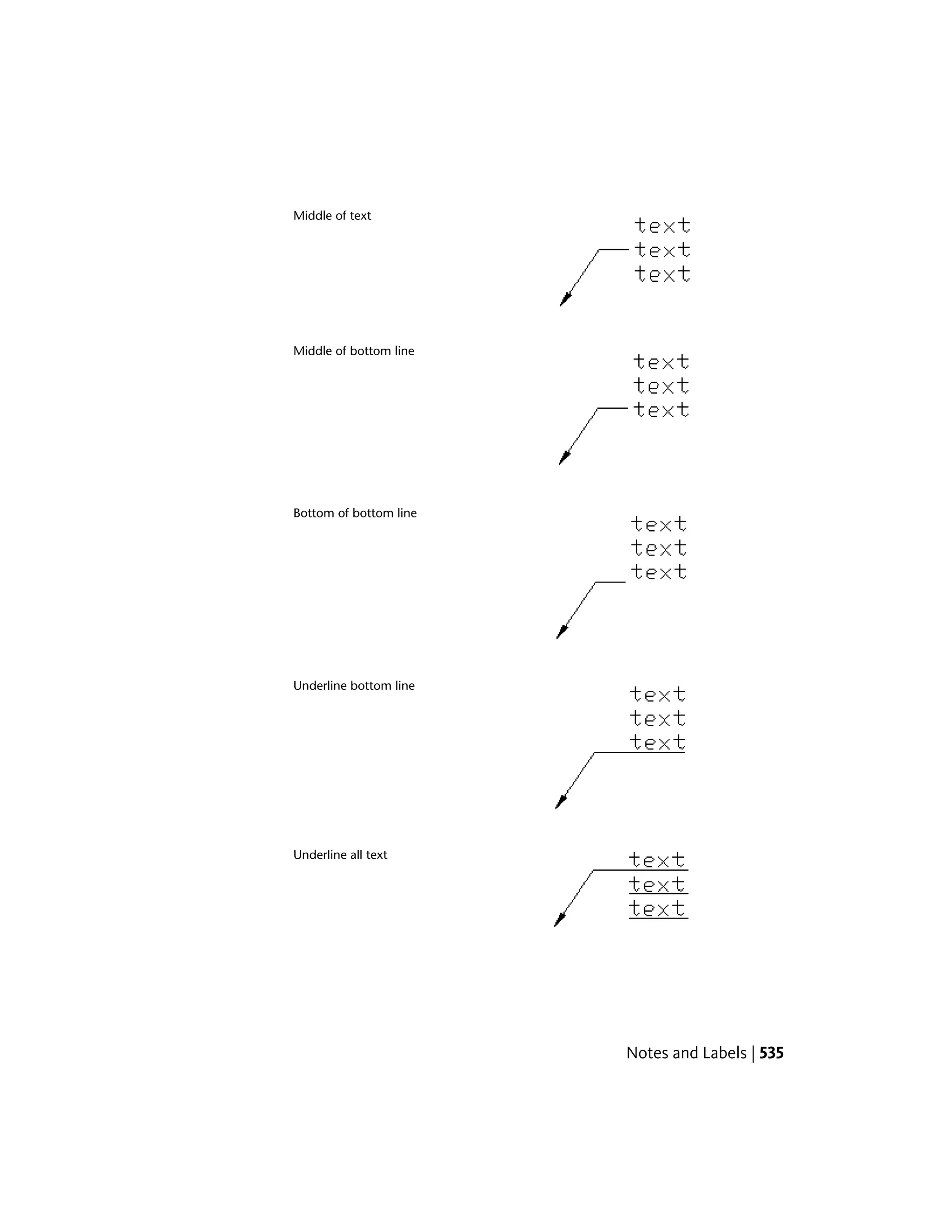 Middle of text
Middle of bottom line
Bottom of bottom line
Underline bottom line
Underline all text
Notes and Labels | 535
 