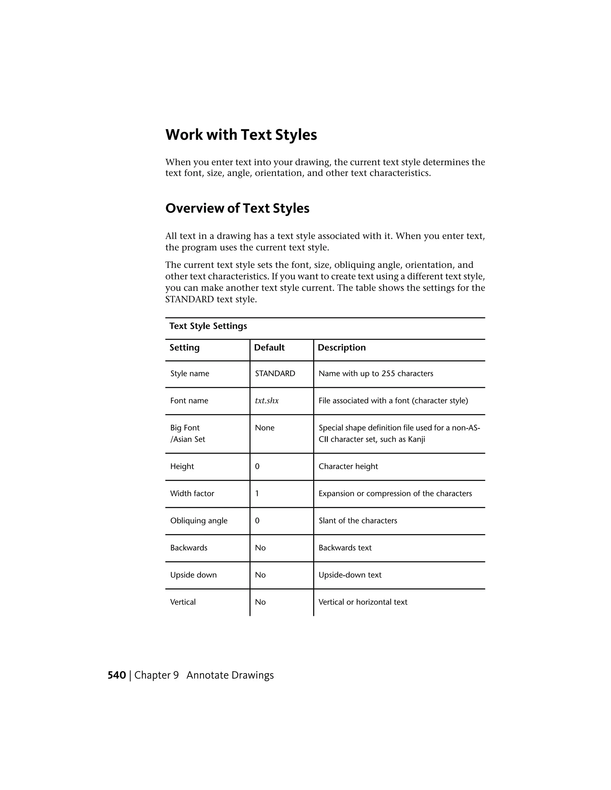 Work with Text Styles
When you enter text into your drawing, the current text style determines the
text font, size, angle, orientation, and other text characteristics.
Overview of Text Styles
All text in a drawing has a text style associated with it. When you enter text,
the program uses the current text style.
The current text style sets the font, size, obliquing angle, orientation, and
other text characteristics. If you want to create text using a different text style,
you can make another text style current. The table shows the settings for the
STANDARD text style.
Text Style Settings
DescriptionDefaultSetting
Name with up to 255 charactersSTANDARDStyle name
File associated with a font (character style)txt.shxFont name
Special shape definition file used for a non-AS-
CII character set, such as Kanji
NoneBig Font
/Asian Set
Character height0Height
Expansion or compression of the characters1Width factor
Slant of the characters0Obliquing angle
Backwards textNoBackwards
Upside-down textNoUpside down
Vertical or horizontal textNoVertical
540 | Chapter 9 Annotate Drawings
 