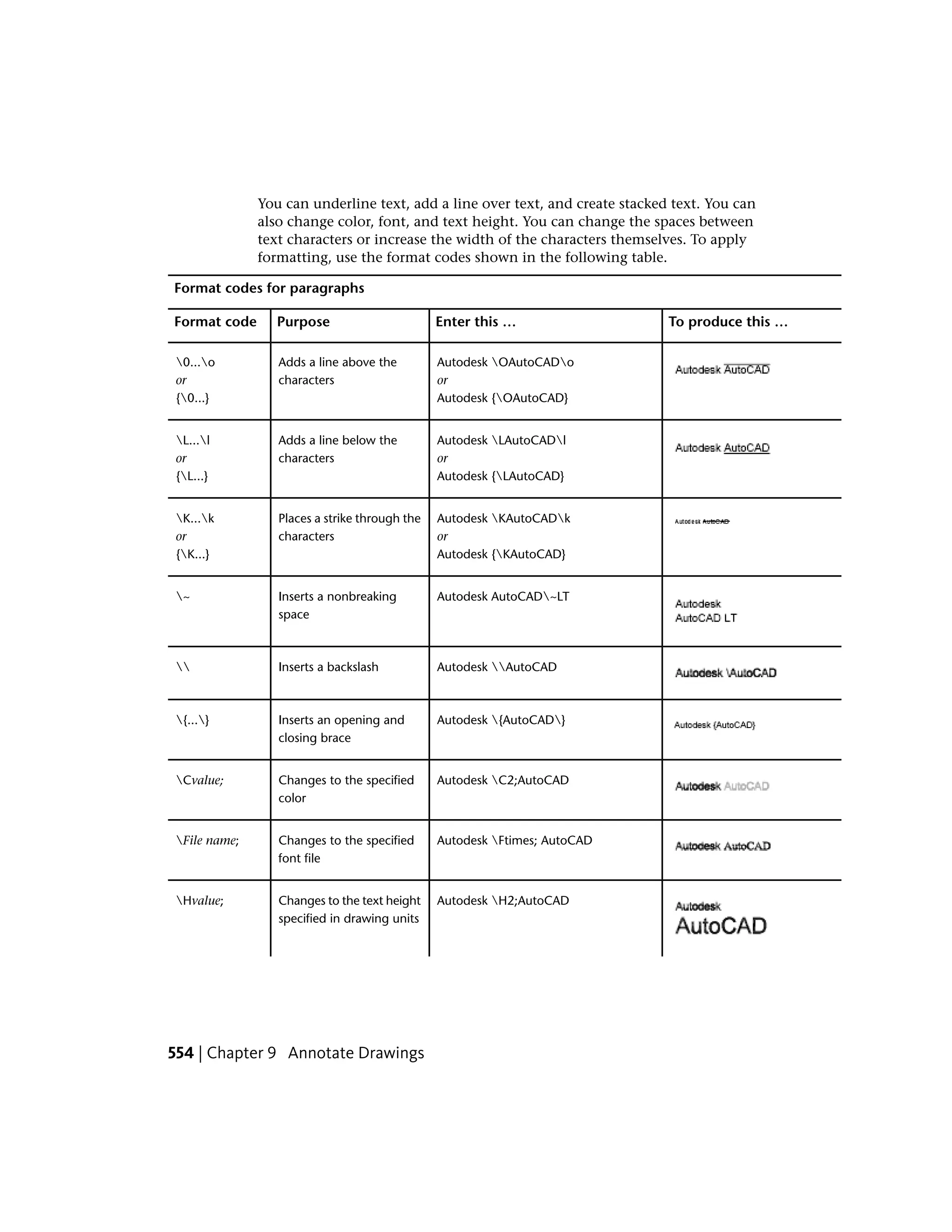 You can underline text, add a line over text, and create stacked text. You can
also change color, font, and text height. You can change the spaces between
text characters or increase the width of the characters themselves. To apply
formatting, use the format codes shown in the following table.
Format codes for paragraphs
To produce this …Enter this …PurposeFormat code
Autodesk OAutoCADo
or
Autodesk {OAutoCAD}
Adds a line above the
characters
0...o
or
{0...}
Autodesk LAutoCADl
or
Autodesk {LAutoCAD}
Adds a line below the
characters
L...l
or
{L...}
Autodesk KAutoCADk
or
Places a strike through the
characters
K...k
or
{K...} Autodesk {KAutoCAD}
Autodesk AutoCAD~LTInserts a nonbreaking
space
~
Autodesk AutoCADInserts a backslash
Autodesk {AutoCAD}Inserts an opening and
closing brace
{...}
Autodesk C2;AutoCADChanges to the specified
color
Cvalue;
Autodesk Ftimes; AutoCADChanges to the specified
font file
File name;
Autodesk H2;AutoCADChanges to the text height
specified in drawing units
Hvalue;
554 | Chapter 9 Annotate Drawings
 