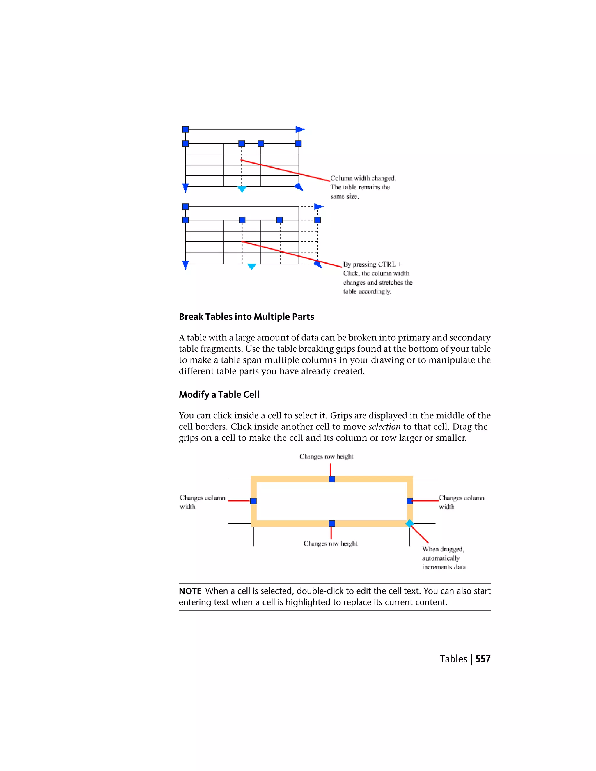 Break Tables into Multiple Parts
A table with a large amount of data can be broken into primary and secondary
table fragments. Use the table breaking grips found at the bottom of your table
to make a table span multiple columns in your drawing or to manipulate the
different table parts you have already created.
Modify a Table Cell
You can click inside a cell to select it. Grips are displayed in the middle of the
cell borders. Click inside another cell to move selection to that cell. Drag the
grips on a cell to make the cell and its column or row larger or smaller.
NOTE When a cell is selected, double-click to edit the cell text. You can also start
entering text when a cell is highlighted to replace its current content.
Tables | 557
 
