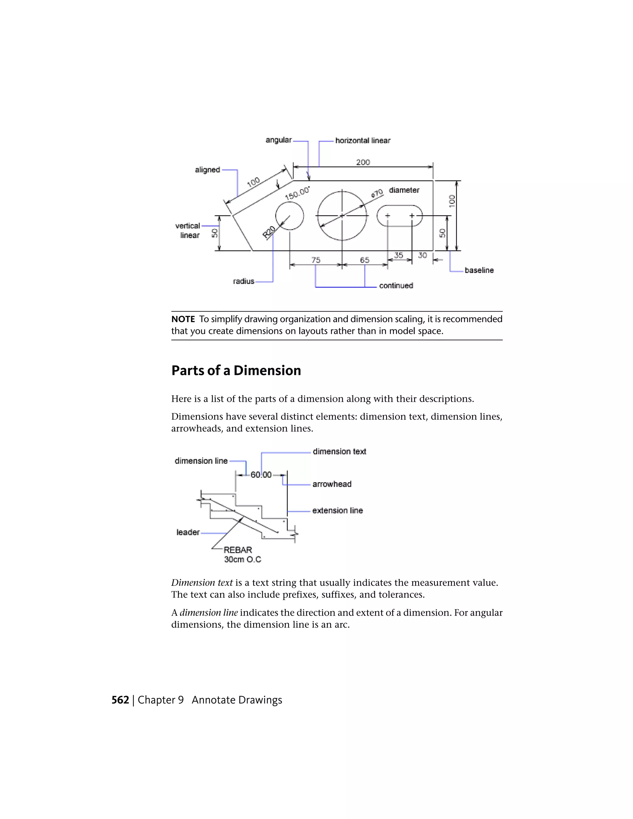 NOTE To simplify drawing organization and dimension scaling, it is recommended
that you create dimensions on layouts rather than in model space.
Parts of a Dimension
Here is a list of the parts of a dimension along with their descriptions.
Dimensions have several distinct elements: dimension text, dimension lines,
arrowheads, and extension lines.
Dimension text is a text string that usually indicates the measurement value.
The text can also include prefixes, suffixes, and tolerances.
A dimension line indicates the direction and extent of a dimension. For angular
dimensions, the dimension line is an arc.
562 | Chapter 9 Annotate Drawings
 