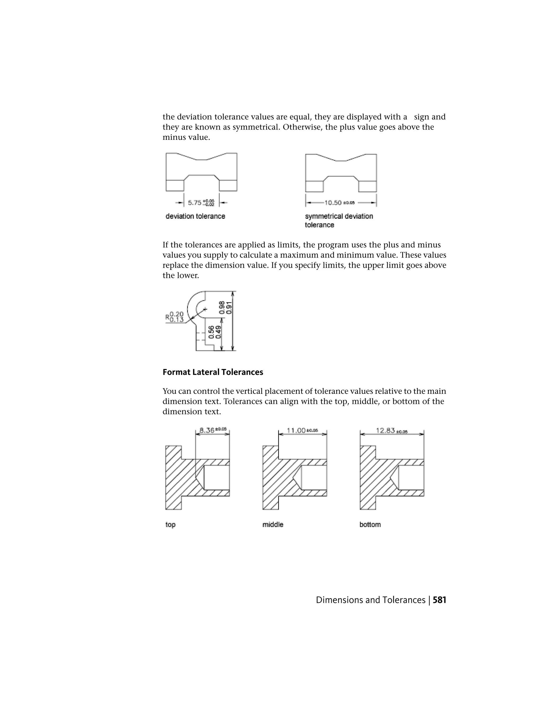 the deviation tolerance values are equal, they are displayed with a   sign and
they are known as symmetrical. Otherwise, the plus value goes above the
minus value.
If the tolerances are applied as limits, the program uses the plus and minus
values you supply to calculate a maximum and minimum value. These values
replace the dimension value. If you specify limits, the upper limit goes above
the lower.
Format Lateral Tolerances
You can control the vertical placement of tolerance values relative to the main
dimension text. Tolerances can align with the top, middle, or bottom of the
dimension text.
Dimensions and Tolerances | 581
 