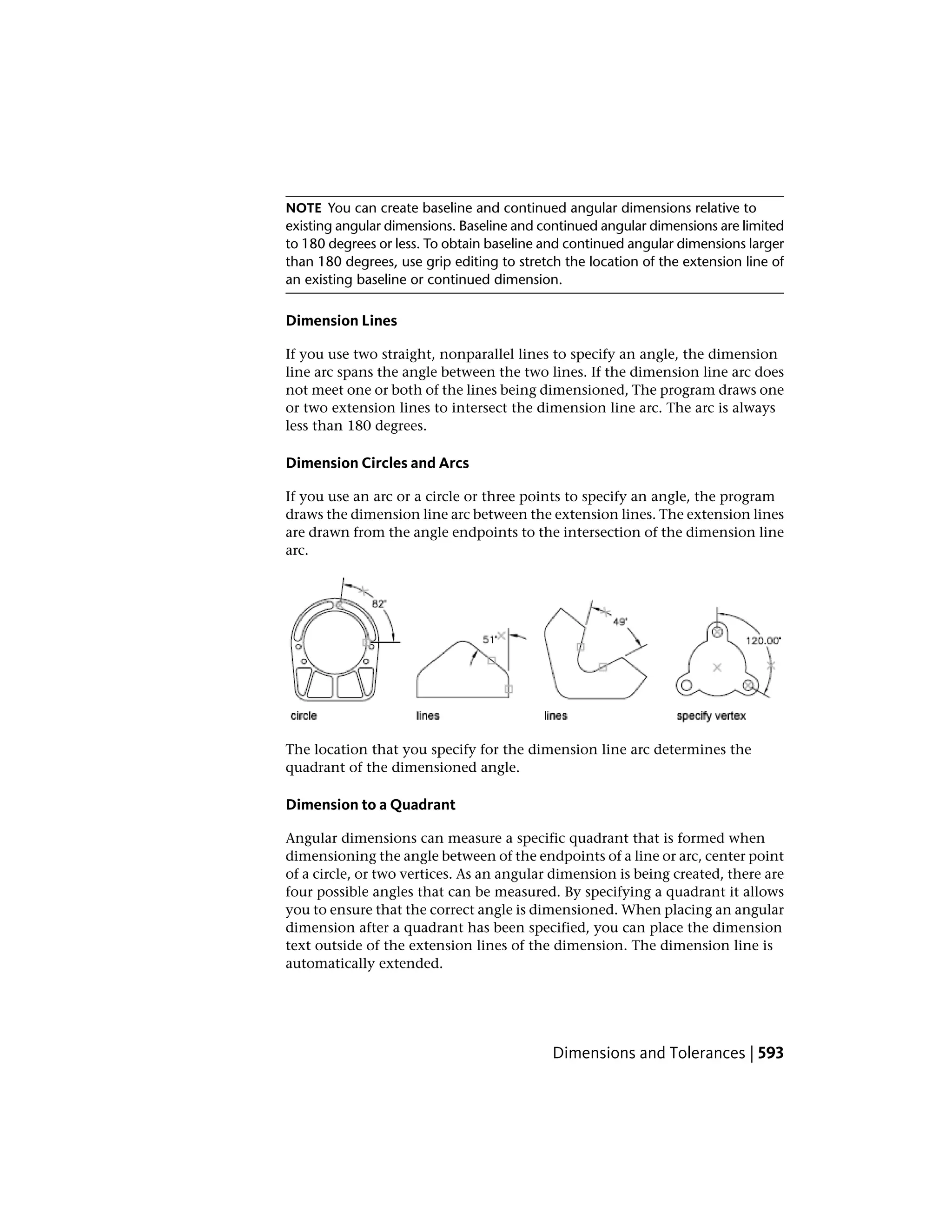 NOTE You can create baseline and continued angular dimensions relative to
existing angular dimensions. Baseline and continued angular dimensions are limited
to 180 degrees or less. To obtain baseline and continued angular dimensions larger
than 180 degrees, use grip editing to stretch the location of the extension line of
an existing baseline or continued dimension.
Dimension Lines
If you use two straight, nonparallel lines to specify an angle, the dimension
line arc spans the angle between the two lines. If the dimension line arc does
not meet one or both of the lines being dimensioned, The program draws one
or two extension lines to intersect the dimension line arc. The arc is always
less than 180 degrees.
Dimension Circles and Arcs
If you use an arc or a circle or three points to specify an angle, the program
draws the dimension line arc between the extension lines. The extension lines
are drawn from the angle endpoints to the intersection of the dimension line
arc.
The location that you specify for the dimension line arc determines the
quadrant of the dimensioned angle.
Dimension to a Quadrant
Angular dimensions can measure a specific quadrant that is formed when
dimensioning the angle between of the endpoints of a line or arc, center point
of a circle, or two vertices. As an angular dimension is being created, there are
four possible angles that can be measured. By specifying a quadrant it allows
you to ensure that the correct angle is dimensioned. When placing an angular
dimension after a quadrant has been specified, you can place the dimension
text outside of the extension lines of the dimension. The dimension line is
automatically extended.
Dimensions and Tolerances | 593
 