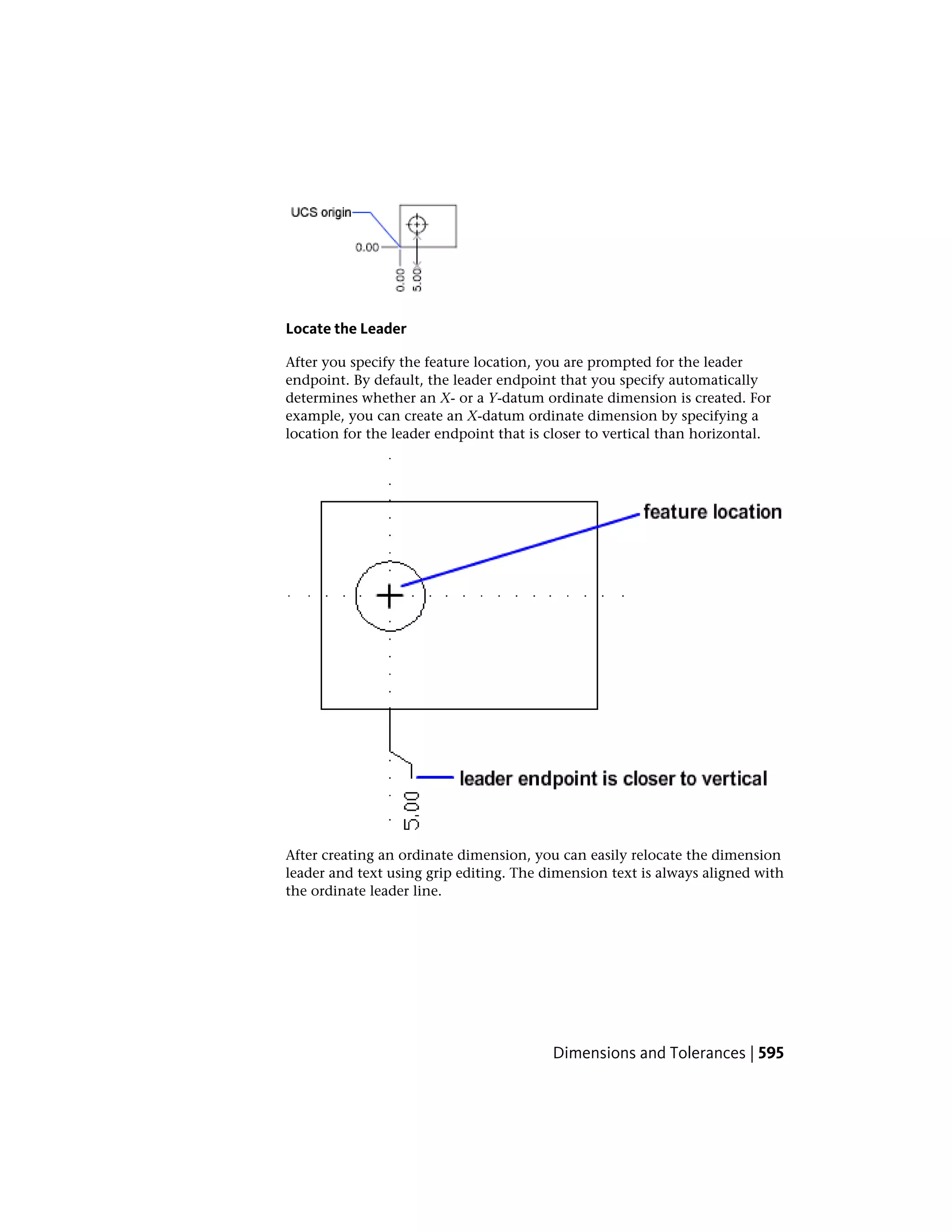 Locate the Leader
After you specify the feature location, you are prompted for the leader
endpoint. By default, the leader endpoint that you specify automatically
determines whether an X- or a Y-datum ordinate dimension is created. For
example, you can create an X-datum ordinate dimension by specifying a
location for the leader endpoint that is closer to vertical than horizontal.
After creating an ordinate dimension, you can easily relocate the dimension
leader and text using grip editing. The dimension text is always aligned with
the ordinate leader line.
Dimensions and Tolerances | 595
 