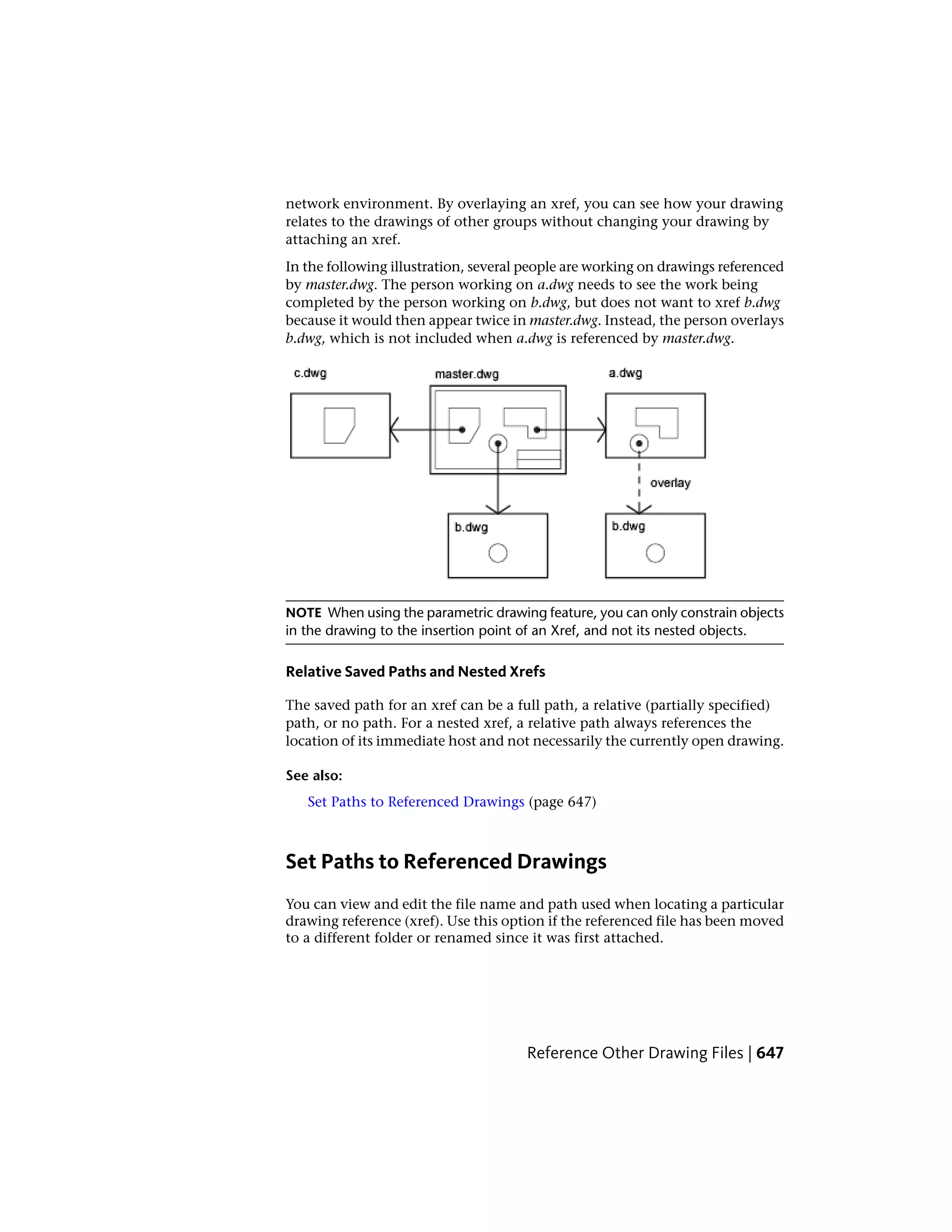 network environment. By overlaying an xref, you can see how your drawing
relates to the drawings of other groups without changing your drawing by
attaching an xref.
In the following illustration, several people are working on drawings referenced
by master.dwg. The person working on a.dwg needs to see the work being
completed by the person working on b.dwg, but does not want to xref b.dwg
because it would then appear twice in master.dwg. Instead, the person overlays
b.dwg, which is not included when a.dwg is referenced by master.dwg.
NOTE When using the parametric drawing feature, you can only constrain objects
in the drawing to the insertion point of an Xref, and not its nested objects.
Relative Saved Paths and Nested Xrefs
The saved path for an xref can be a full path, a relative (partially specified)
path, or no path. For a nested xref, a relative path always references the
location of its immediate host and not necessarily the currently open drawing.
See also:
Set Paths to Referenced Drawings (page 647)
Set Paths to Referenced Drawings
You can view and edit the file name and path used when locating a particular
drawing reference (xref). Use this option if the referenced file has been moved
to a different folder or renamed since it was first attached.
Reference Other Drawing Files | 647
 