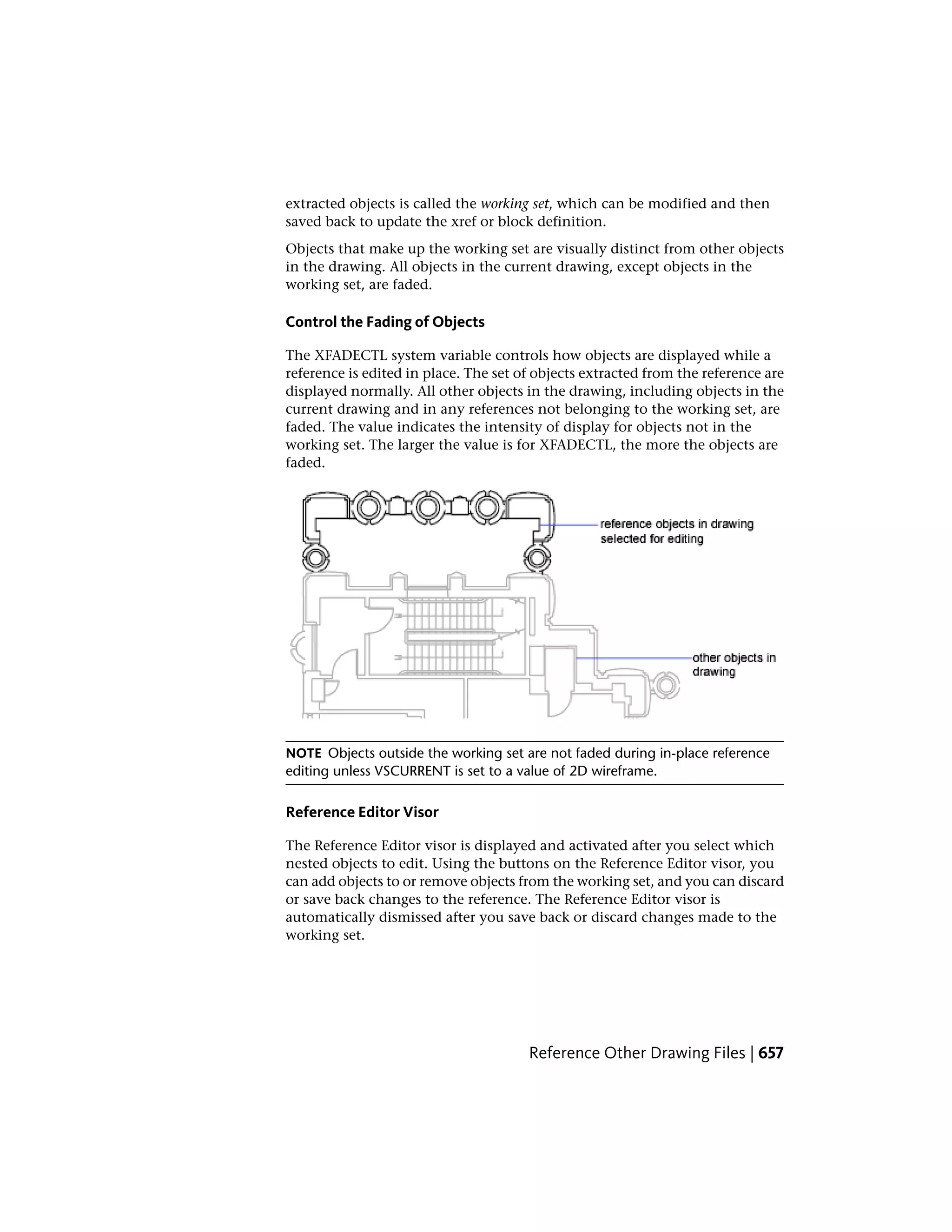 extracted objects is called the working set, which can be modified and then
saved back to update the xref or block definition.
Objects that make up the working set are visually distinct from other objects
in the drawing. All objects in the current drawing, except objects in the
working set, are faded.
Control the Fading of Objects
The XFADECTL system variable controls how objects are displayed while a
reference is edited in place. The set of objects extracted from the reference are
displayed normally. All other objects in the drawing, including objects in the
current drawing and in any references not belonging to the working set, are
faded. The value indicates the intensity of display for objects not in the
working set. The larger the value is for XFADECTL, the more the objects are
faded.
NOTE Objects outside the working set are not faded during in-place reference
editing unless VSCURRENT is set to a value of 2D wireframe.
Reference Editor Visor
The Reference Editor visor is displayed and activated after you select which
nested objects to edit. Using the buttons on the Reference Editor visor, you
can add objects to or remove objects from the working set, and you can discard
or save back changes to the reference. The Reference Editor visor is
automatically dismissed after you save back or discard changes made to the
working set.
Reference Other Drawing Files | 657
 
