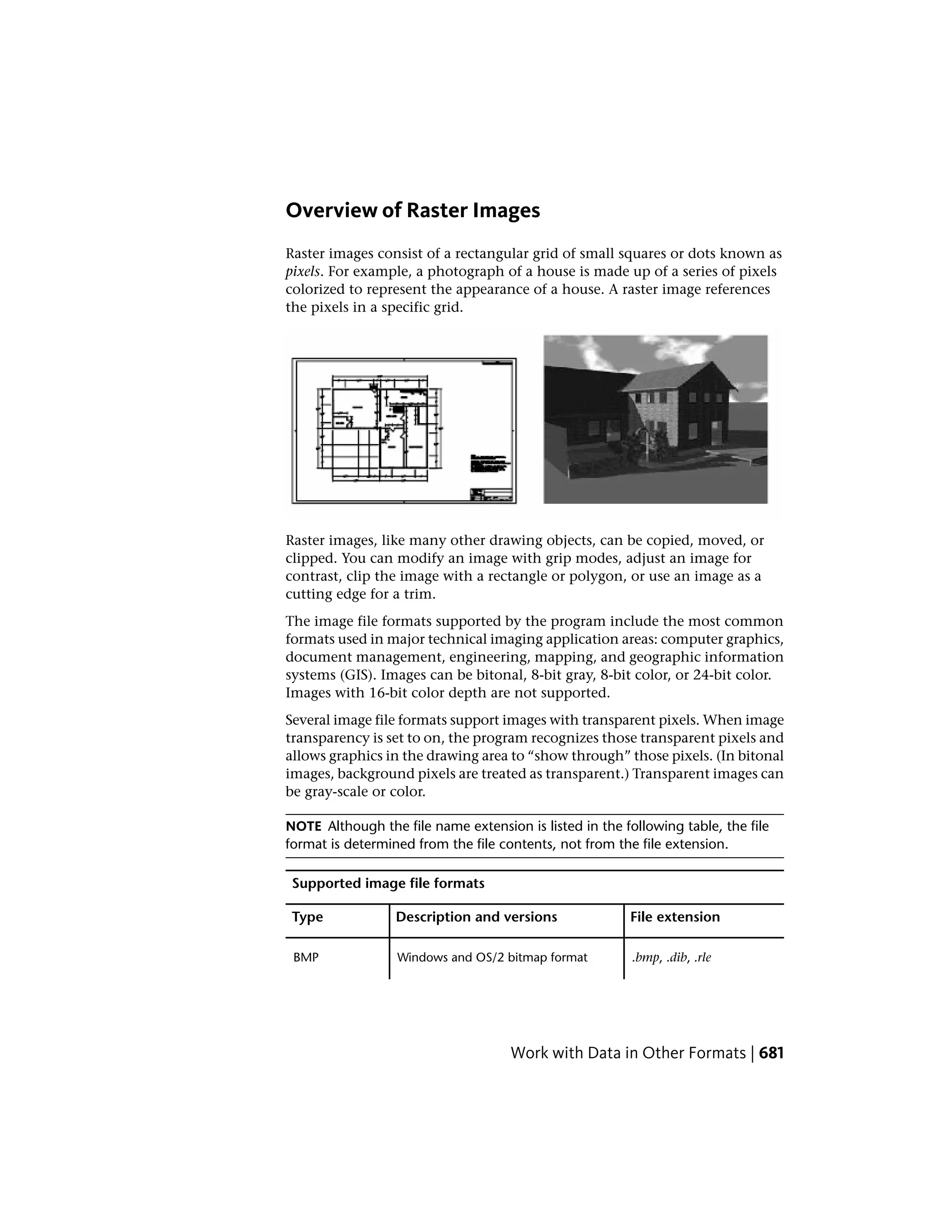 Overview of Raster Images
Raster images consist of a rectangular grid of small squares or dots known as
pixels. For example, a photograph of a house is made up of a series of pixels
colorized to represent the appearance of a house. A raster image references
the pixels in a specific grid.
Raster images, like many other drawing objects, can be copied, moved, or
clipped. You can modify an image with grip modes, adjust an image for
contrast, clip the image with a rectangle or polygon, or use an image as a
cutting edge for a trim.
The image file formats supported by the program include the most common
formats used in major technical imaging application areas: computer graphics,
document management, engineering, mapping, and geographic information
systems (GIS). Images can be bitonal, 8-bit gray, 8-bit color, or 24-bit color.
Images with 16-bit color depth are not supported.
Several image file formats support images with transparent pixels. When image
transparency is set to on, the program recognizes those transparent pixels and
allows graphics in the drawing area to “show through” those pixels. (In bitonal
images, background pixels are treated as transparent.) Transparent images can
be gray-scale or color.
NOTE Although the file name extension is listed in the following table, the file
format is determined from the file contents, not from the file extension.
Supported image file formats
File extensionDescription and versionsType
.bmp, .dib, .rleWindows and OS/2 bitmap formatBMP
Work with Data in Other Formats | 681
 